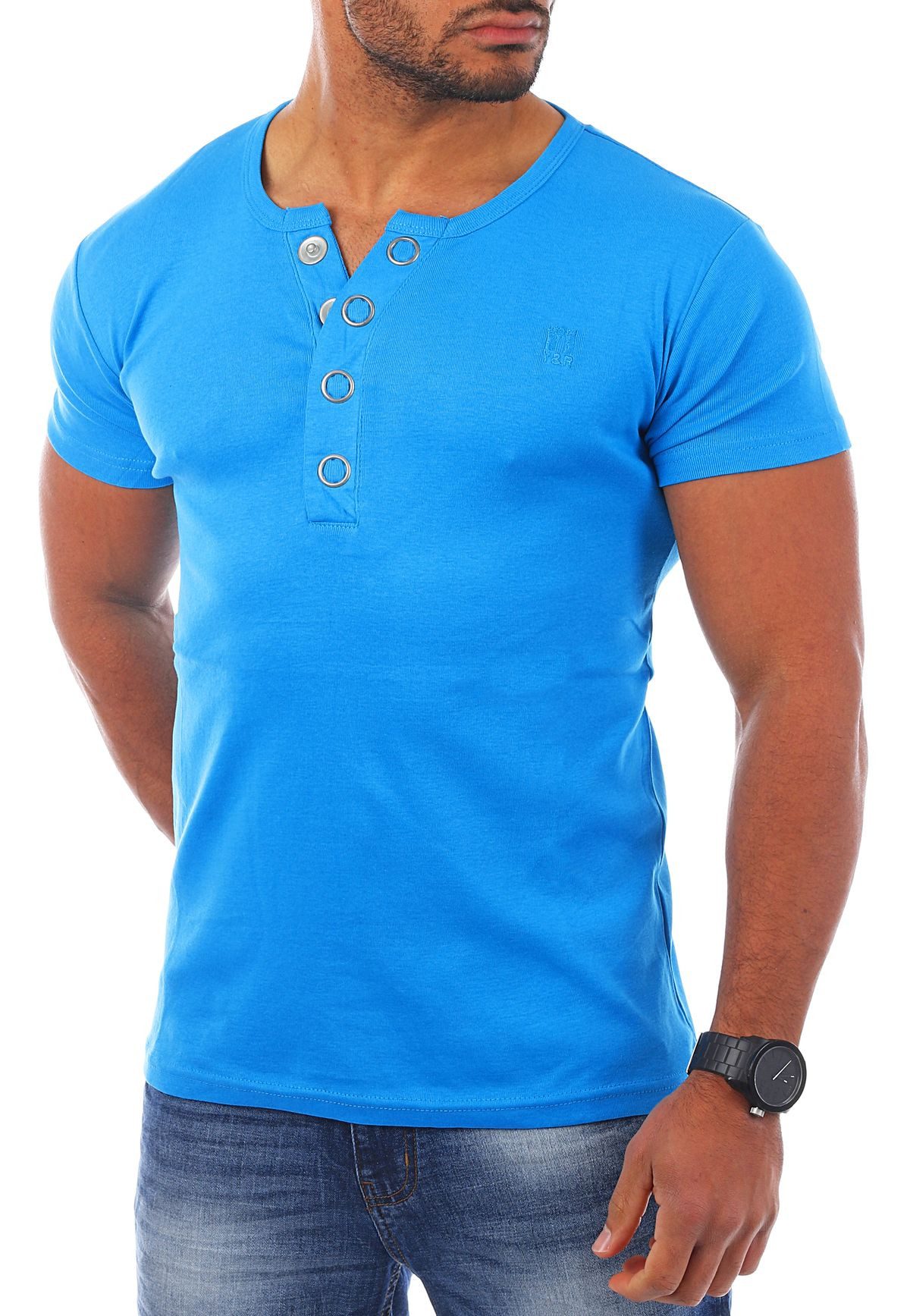 Young & Rich T-Shirt Herren basic fein gerippt mit trendigen extra großen Knöpfen 1872 mit Knopfleiste unifarben kurzarm slim fit