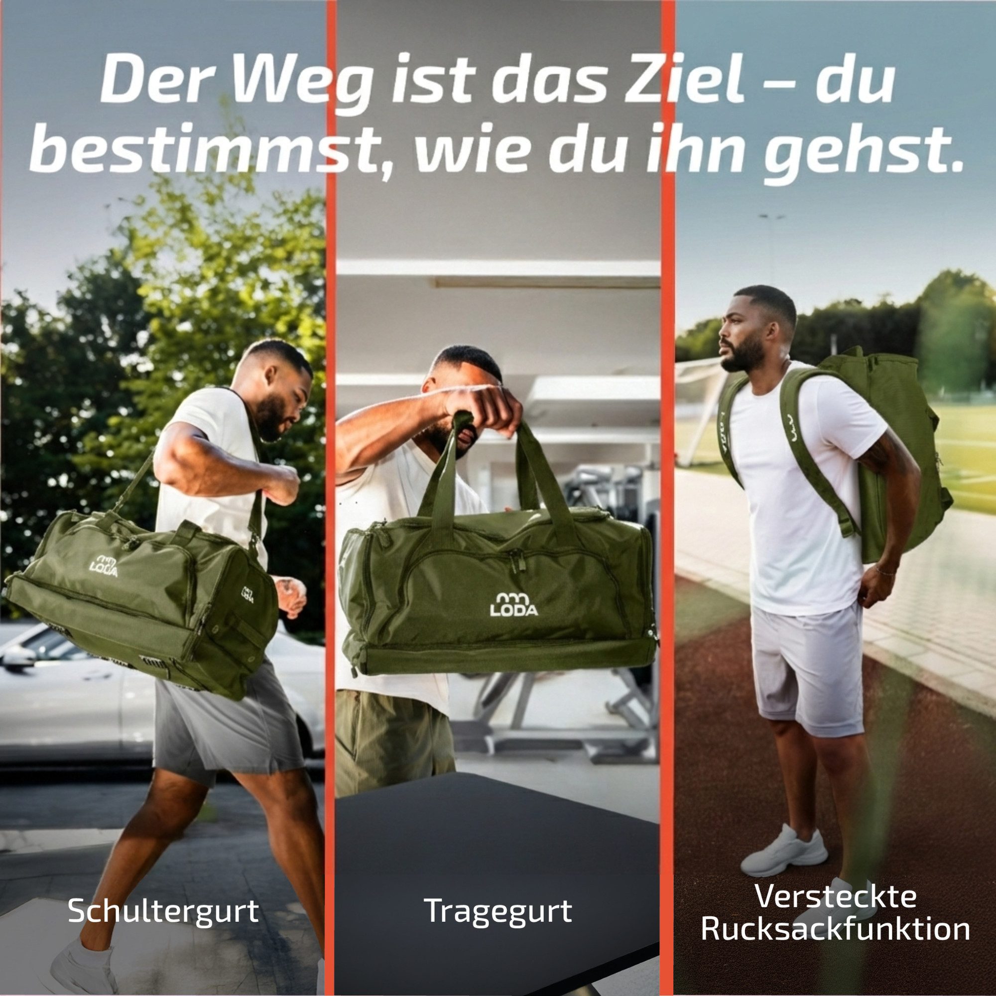 LODA sports Sporttasche compact 48L - Trainingstasche mit Rucksackfunktion & Schuhfach, 50 cm (L) x 30cm (B) x 32cm (H), 48 Liter Volumen