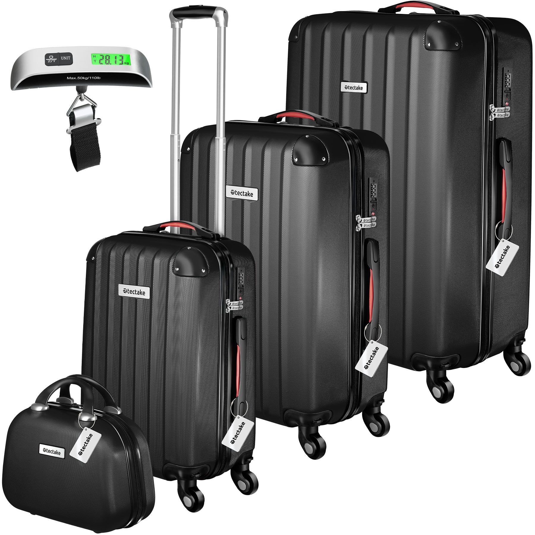 tectake Trolley Hartschalenkoffer-Set 9-teilig mit Kofferwaage und TSA-Zahlenschloss, 4 Rollen, mit Teleskopgriff, 360° drehbare, abnehmbare Rollen, abteilbar