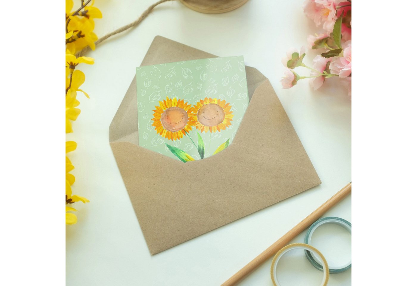 Thumbnail - Mr. & Mrs. Panda Grußkarte Blume Sonnenblume - Blattgrün - Geschenk, Karte, Glückwunschkarte, Be, Einzigartiges Design