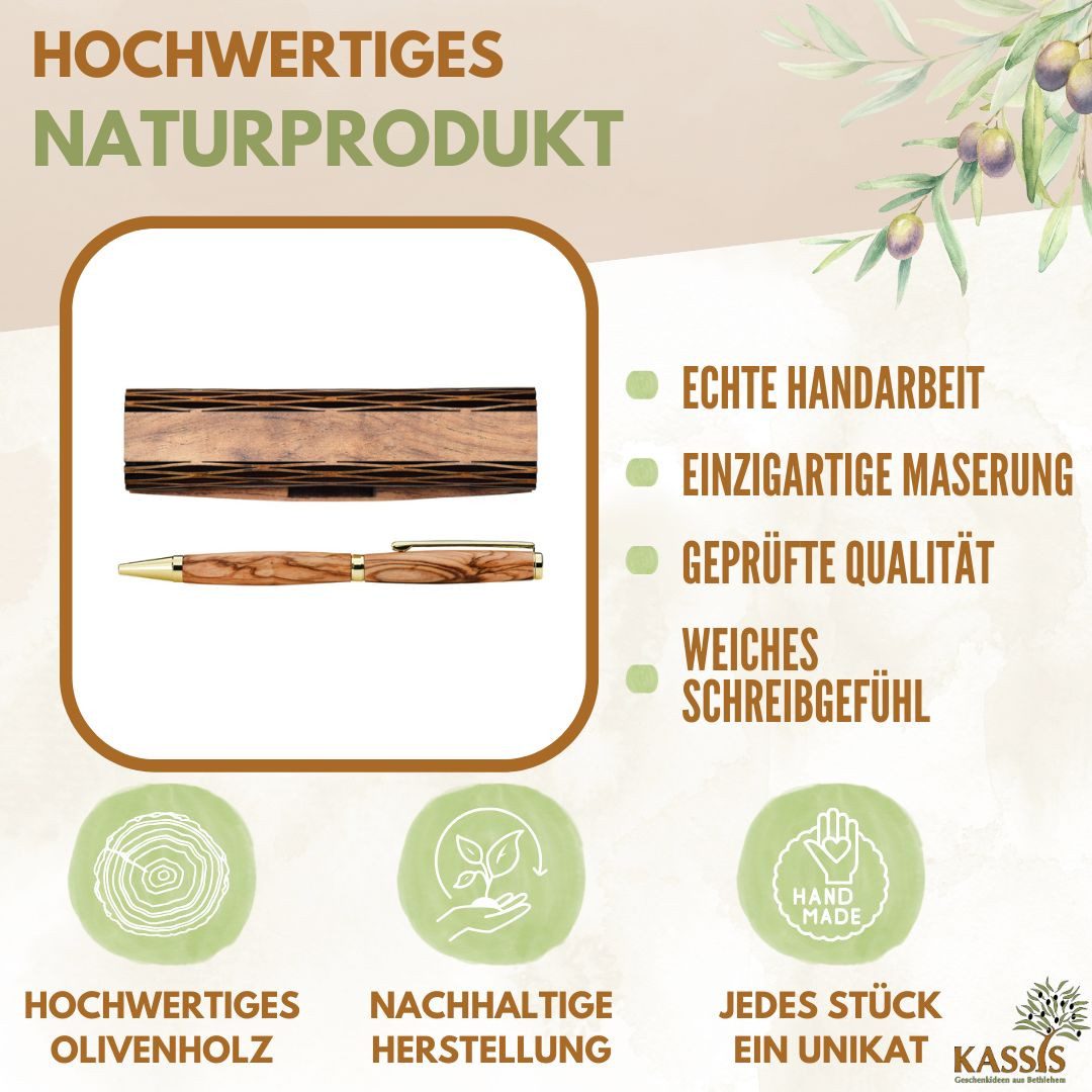 Kassis Geschenkartikel Kugelschreiber Olivenholz Stift in eleganter Holzschachtel mit Gravur "Alles Gute!", Hergestellt in Bethlehem, zu Geburtstag, Vatertag, Abitur, Ruhestand