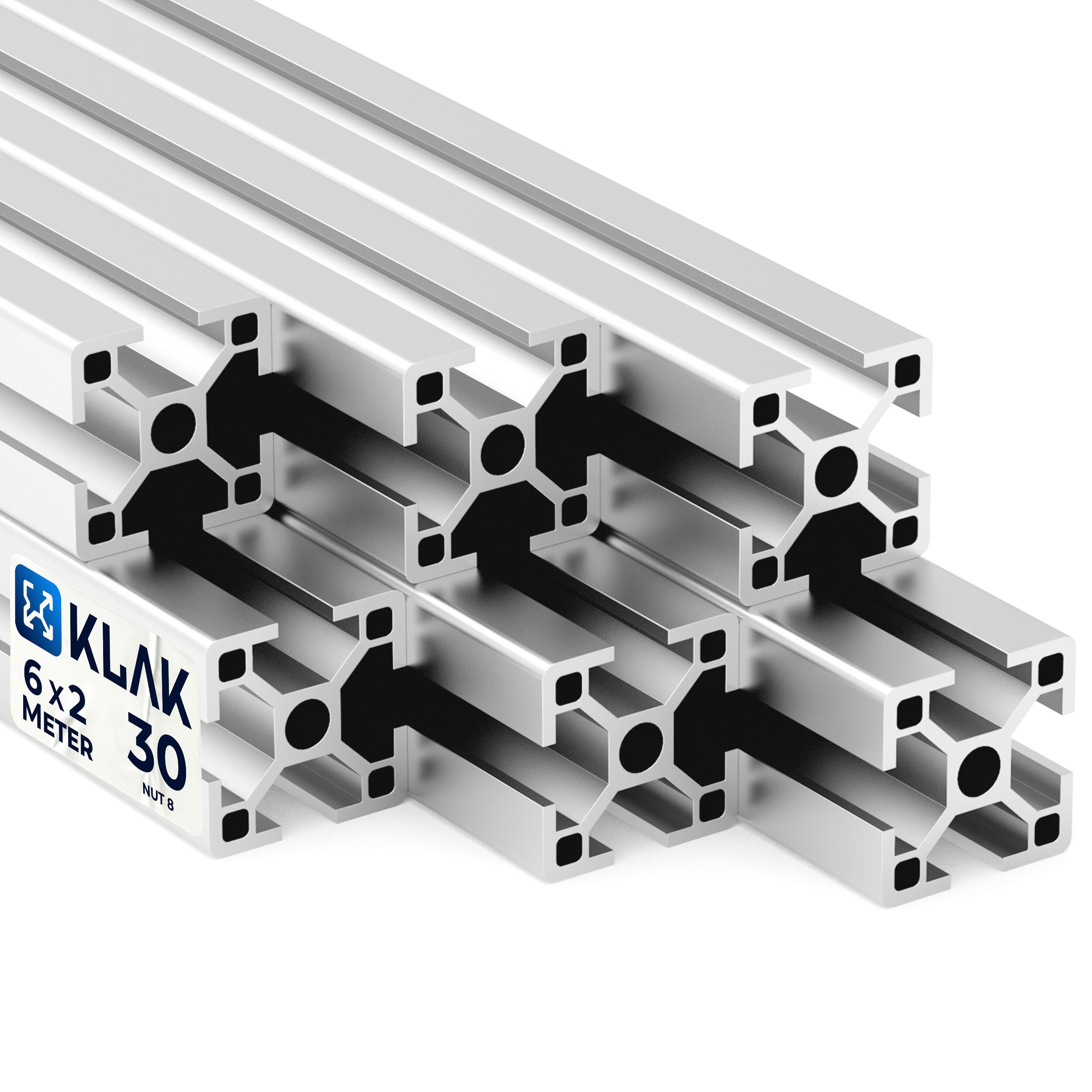 KLAK Profil KLAK 30 - 6x Aluprofil 30x30mm 2m System-, Montageprofil Typ-I Nut 8 (Set)