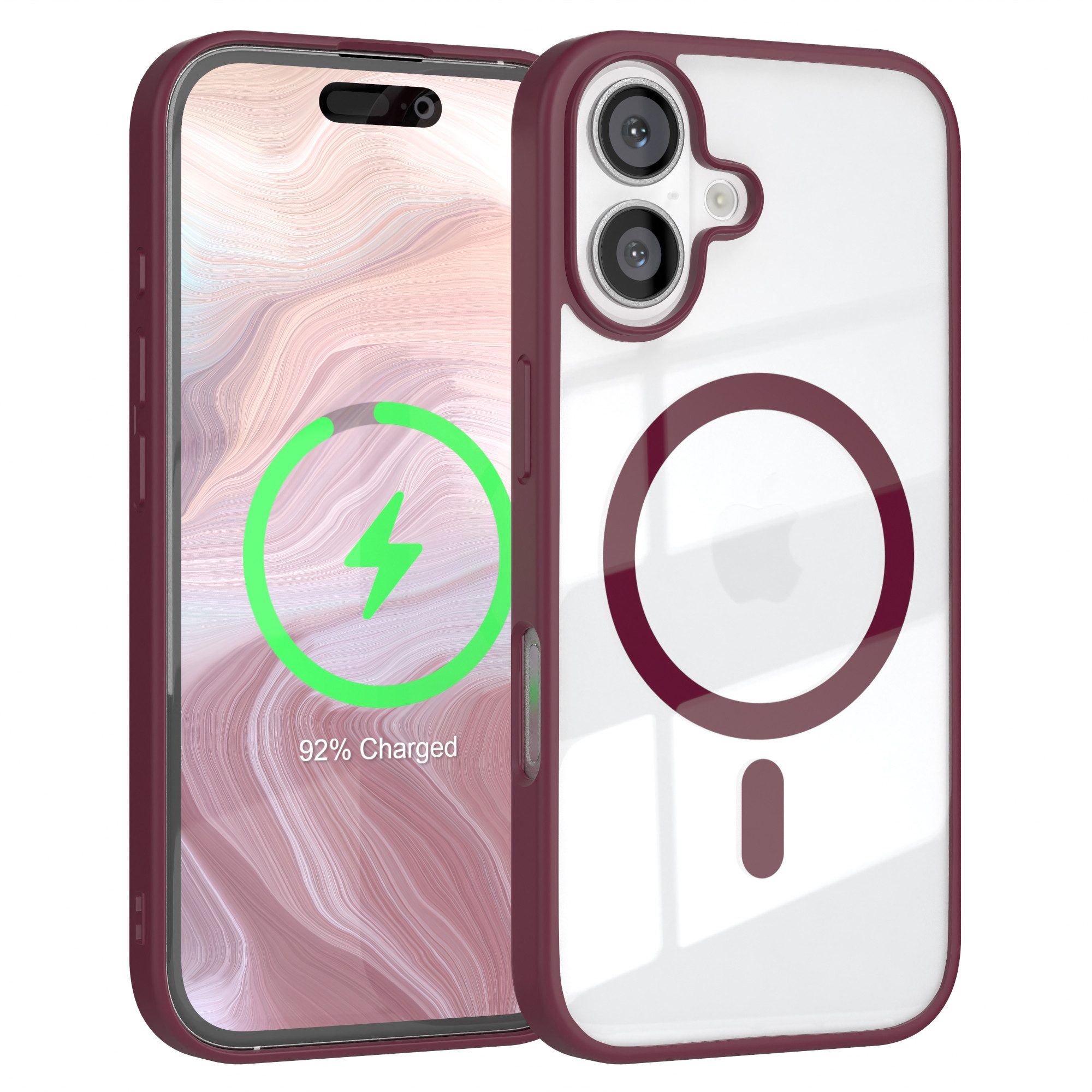EAZY CASE Handyhülle Transparente Hülle mit MagSafe für iPhone 16 6,1 Zoll, Back Cover Slimcover mit Displayschutz, Magsafefunktion, Bumper, Beere