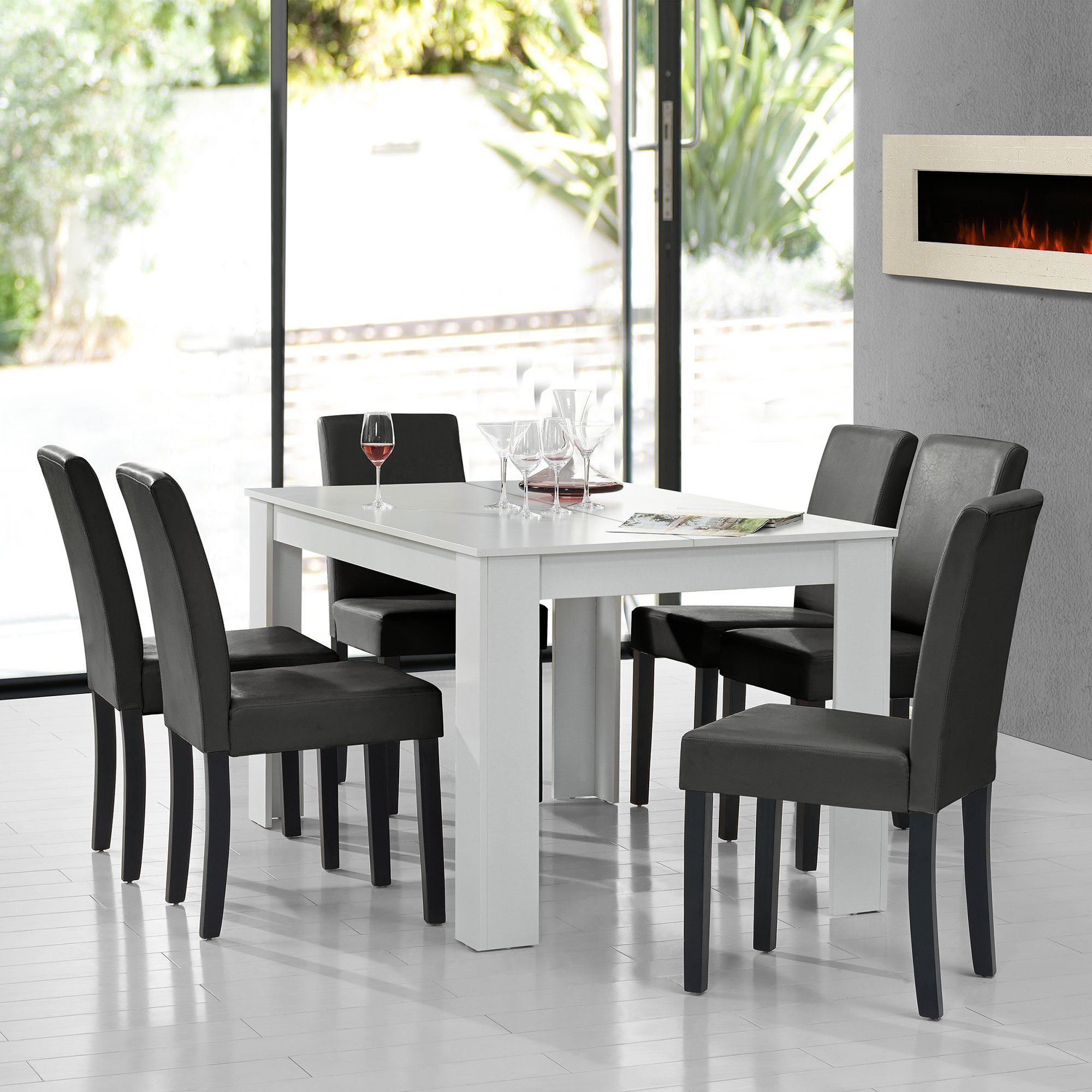 en.casa Essgruppe, (7-tlg., Esstisch mit 6 Stühlen), »Forssa« 140x90cm Küchentisch mit 6x Polsterstühlen weiß - dunkelgrau