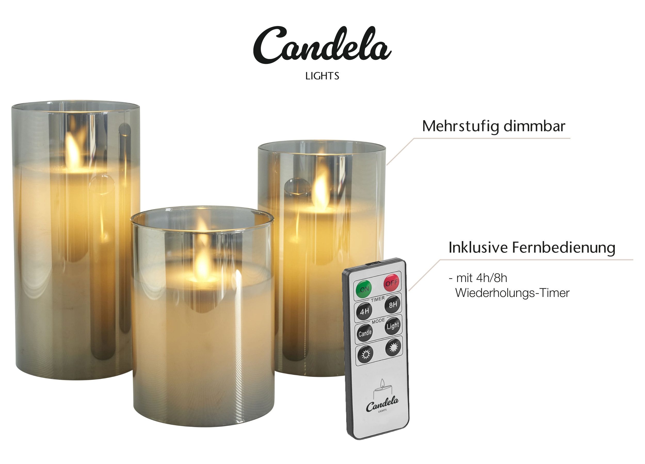 LC Home LED-Kerze LED Kerzen Set Echtwachskerze Glas Timerfunktion Fernbedienung Dimmbar (Spar-Set, 3-tlg., LED Kerzen im Glas 3er Set mit Fernbedienung), Led K – Bild 5 von 5
