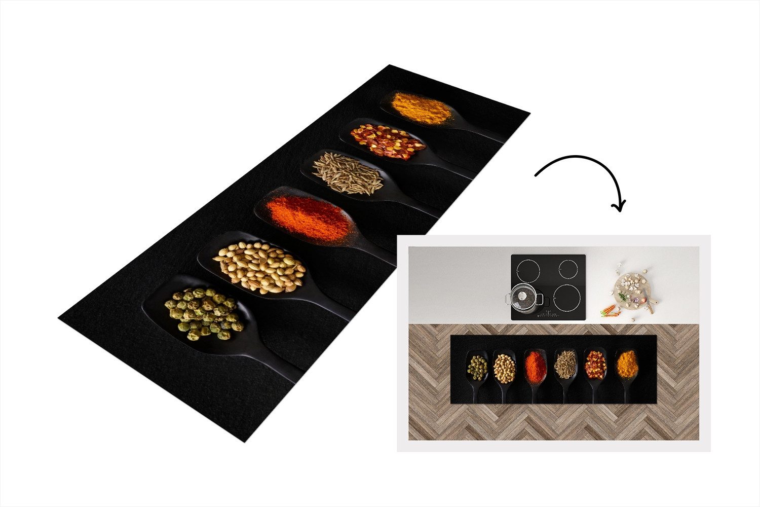 MuchoWow Küchenläufer Löffel - Gewürze - Schwarz - Gewürze - Rustikal, Rech günstig online kaufen