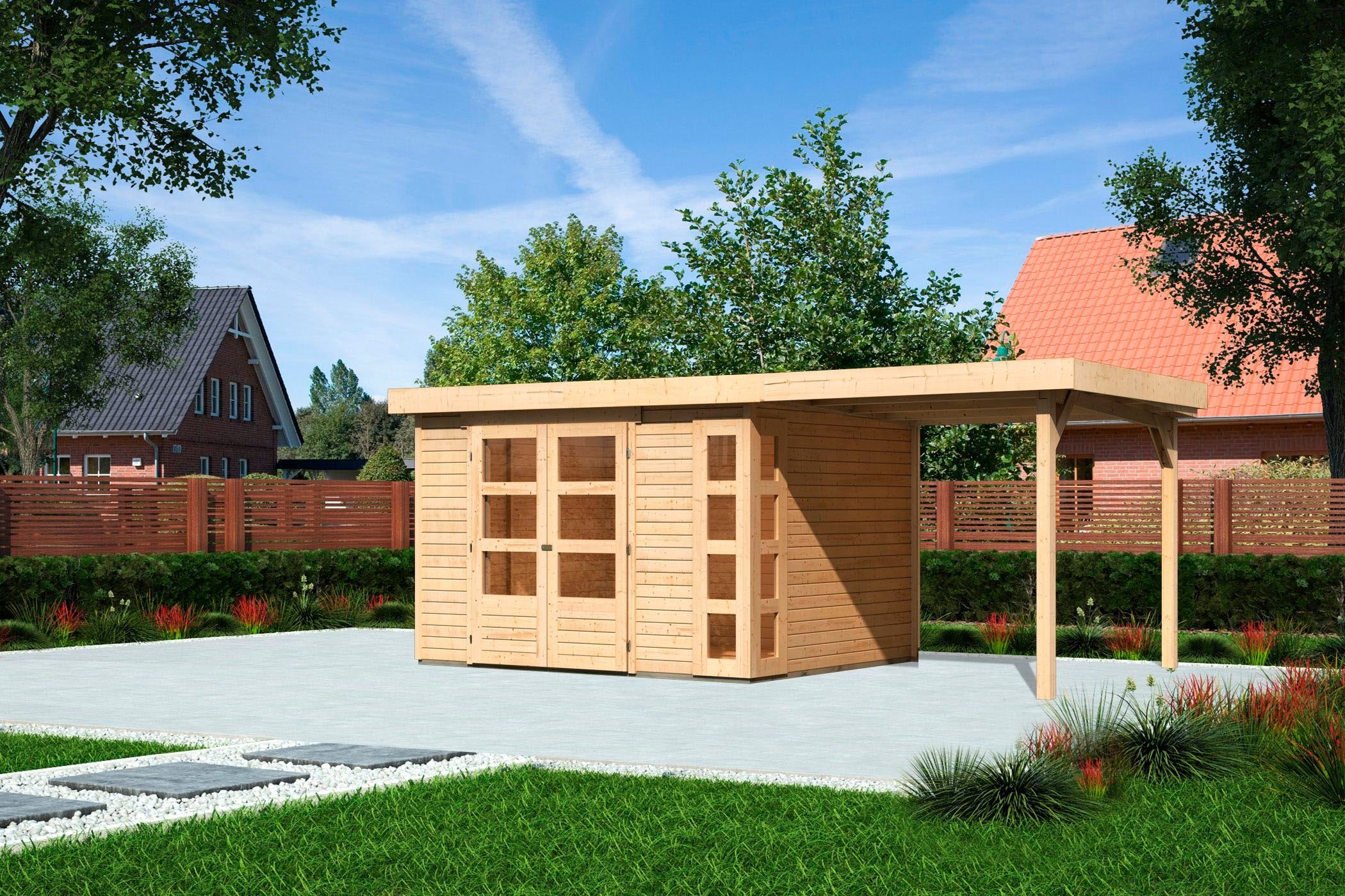 Karibu Gartenhaus Kerko 5, BxT: 554x262 cm, mit Anbaudach naturbelassen