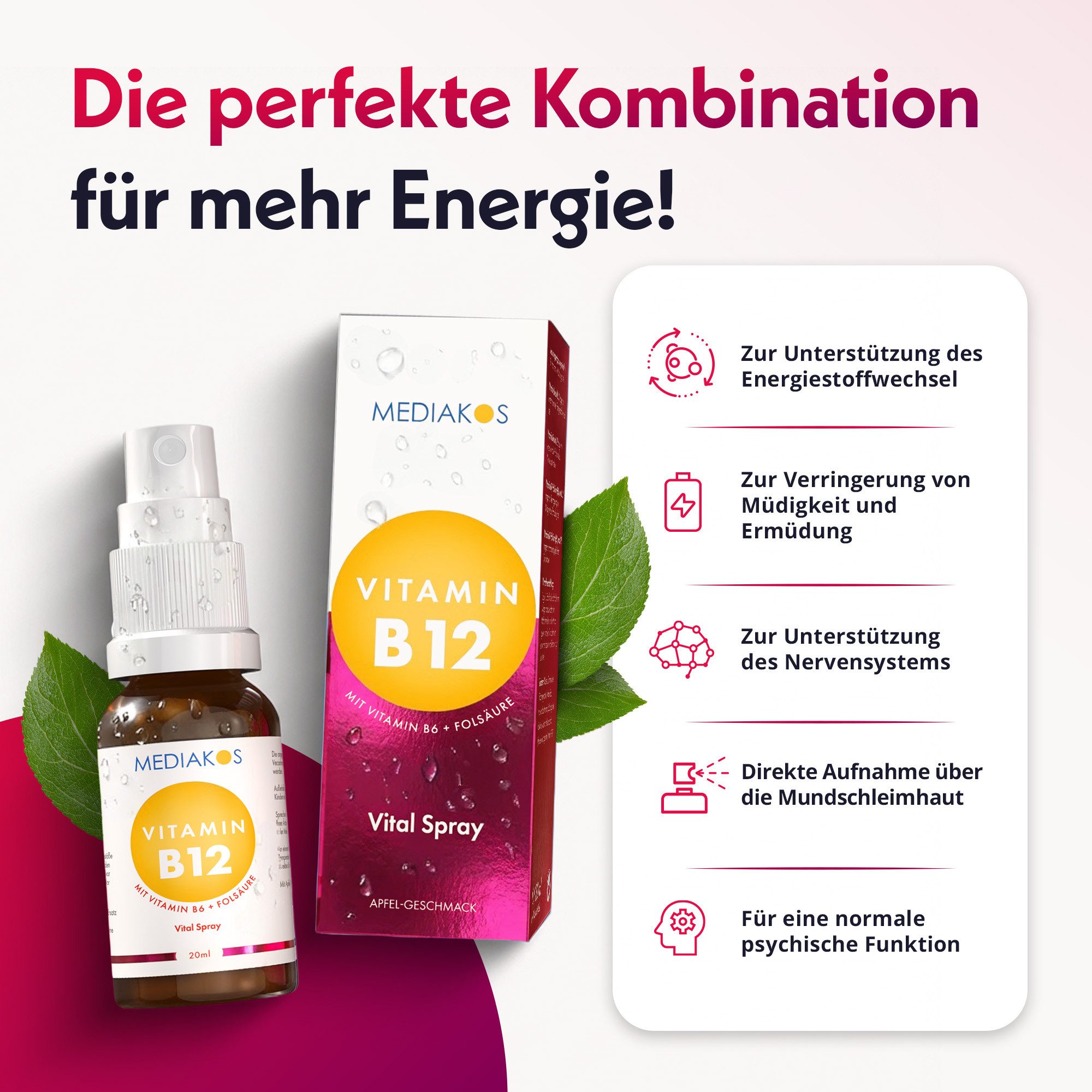 Mediakos Mediakos Vitamin B12 + B6 + 600µg Folsäure Vital Spray, für Energie, Nerven & Psyche – auch bei Kinderwunsch und Schwangerschaft – Vegan à 20 ml