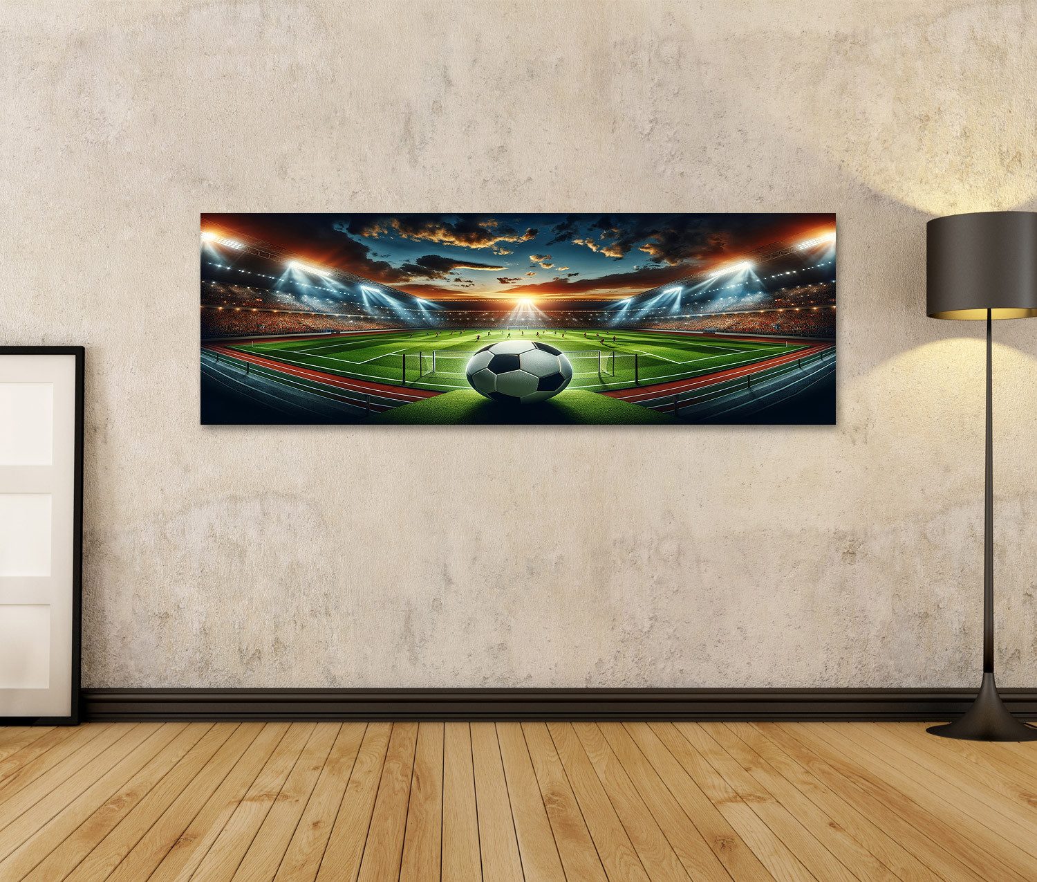 islandburner Leinwandbild Abendliches Fussballstadion mit Ball und Flutlicht Wandbild