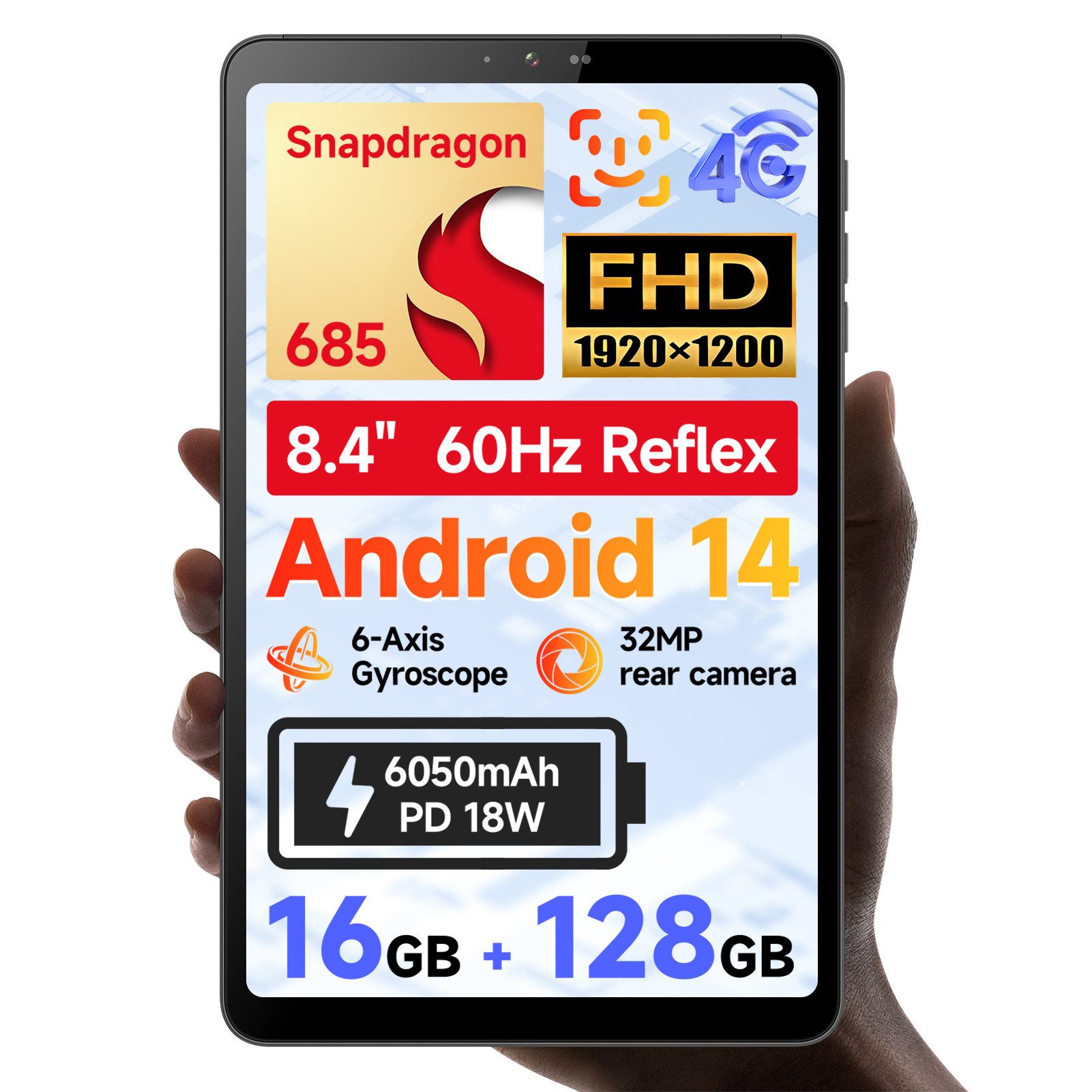 BNCF BPad Mini, 8,4 Zoll,16(8+8)GB+128GB,4G LTE, 16:10,Android 14, D801 Tablet (8.4", 128 GB, Android 14, 4G LTE, Unterstützt digitale Gesundheits- und Kindersicherungsmodi)