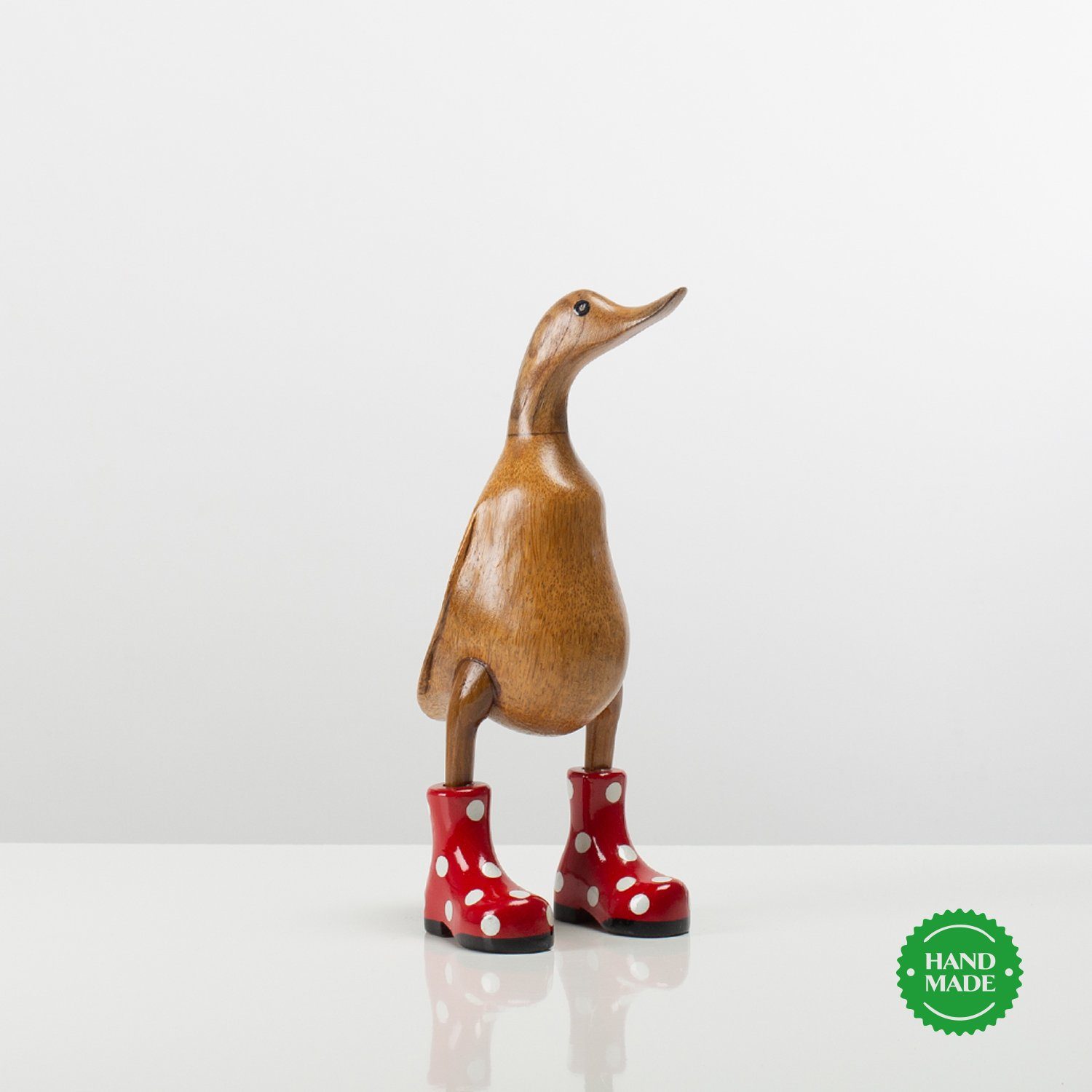Rikmani Dekofigur Holzfigur Ente Stiefel - Handgefertigte Dekoration aus Holz Geschenk (3-er Set), 3 Holzarten rot_gepunktet
