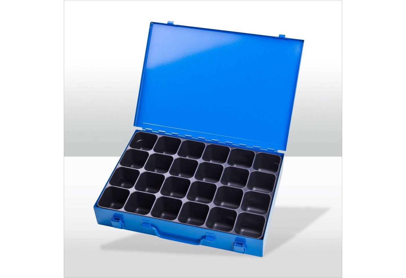 Thumbnail - PROREGAL® Werkzeugkoffer Stahlblechkästen mit Spannverschluss 24 Fächer, HxBxT 5x33x23cm, Blau