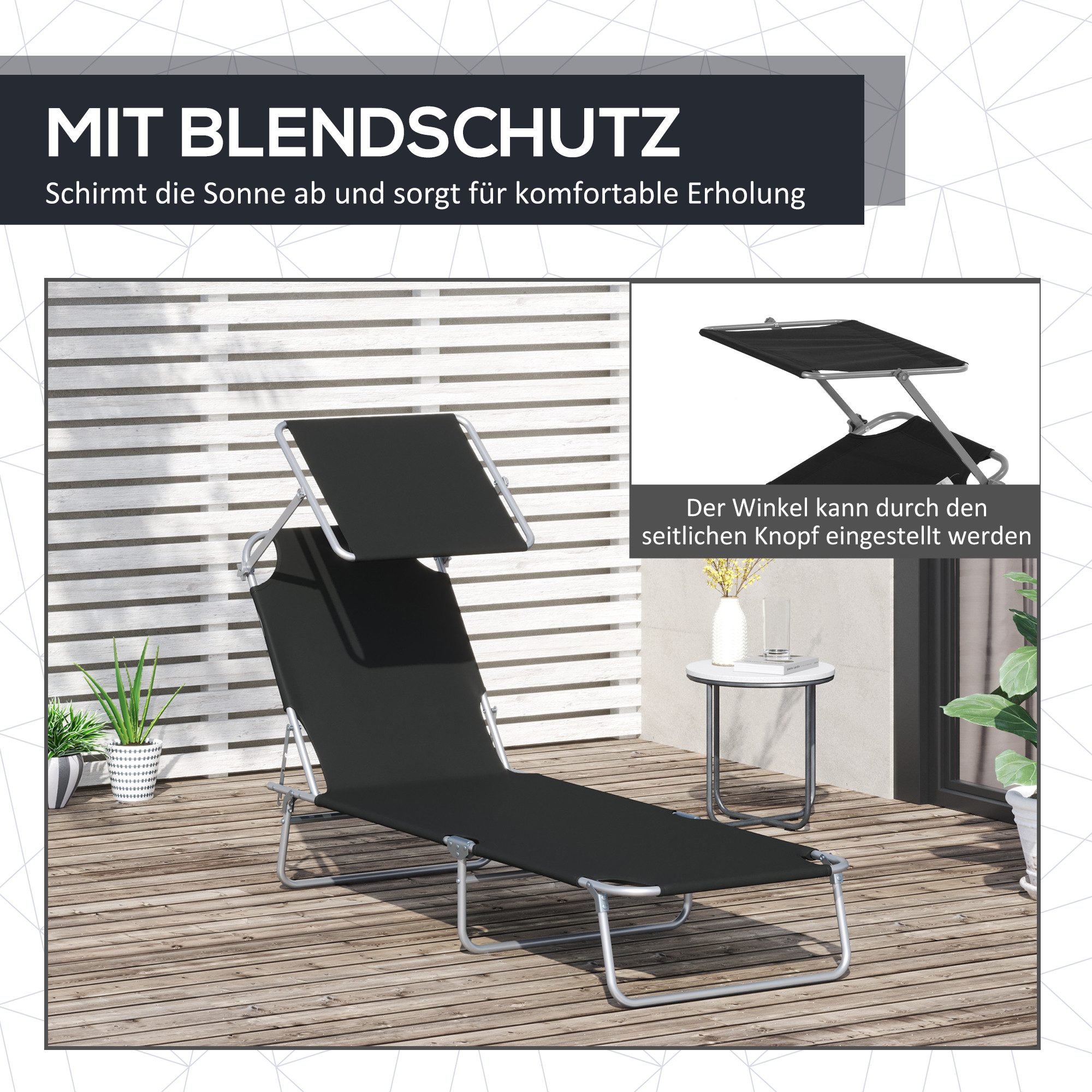 CHICFURN Gartenliege Sonnenliege klappbar mit Dach, 4-fach verstellbare Rückenlehne, Packung, 1 St., Wetterfeste Campingliege, belastbar bis 120 kg, für Strand & Pool, Für Garten, Schwarz