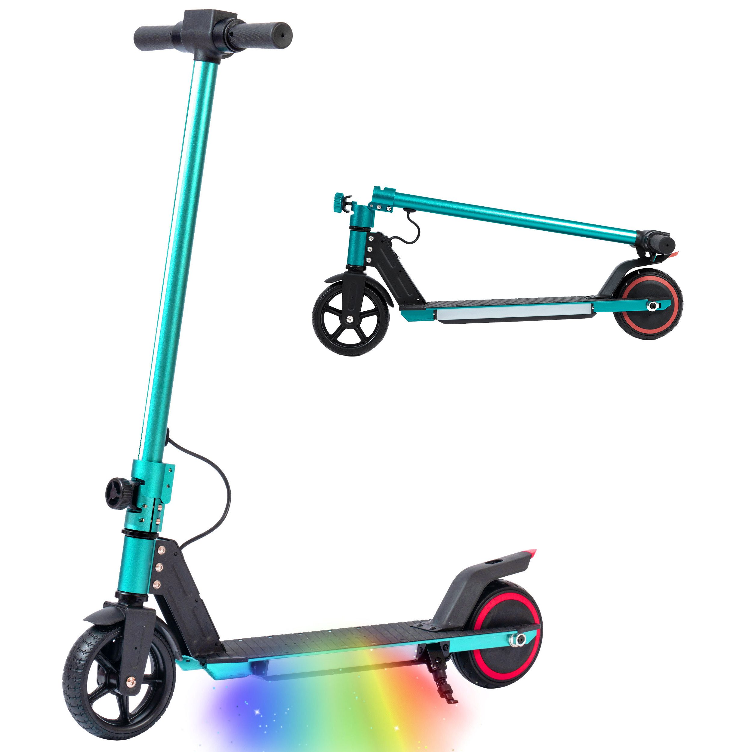 Vankel Cityroller 6,5'' Kinder E Scooter ab 6 Jahren, 60Wh, max. 8km, faltbar, 150 W, 14 km/h, (Elektro-Kinderroller, Aluminiumrahmen, E-Bremse + Fußbremse), LED-Streifen, Elektroroller mit EBS, zul. Gesamtgewicht: 50kg
