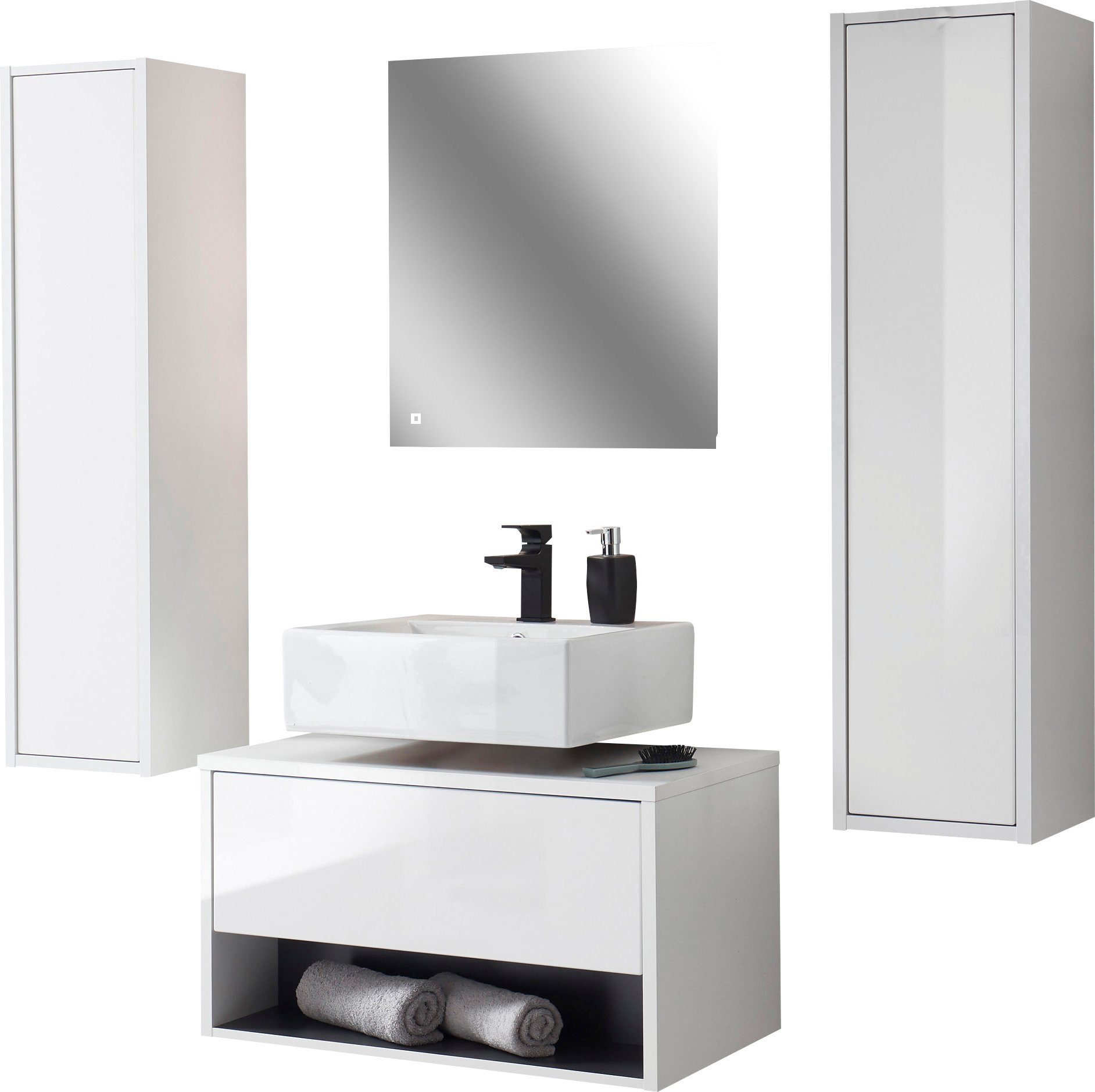 Places of Style Badmöbel-Set Studio Line, Bad im modernen Design, 4-teiliges Badezimmer, (4-St), Schrank, Unterschrank und Spiegel, in zwei Farben verfügbar, Stauraum