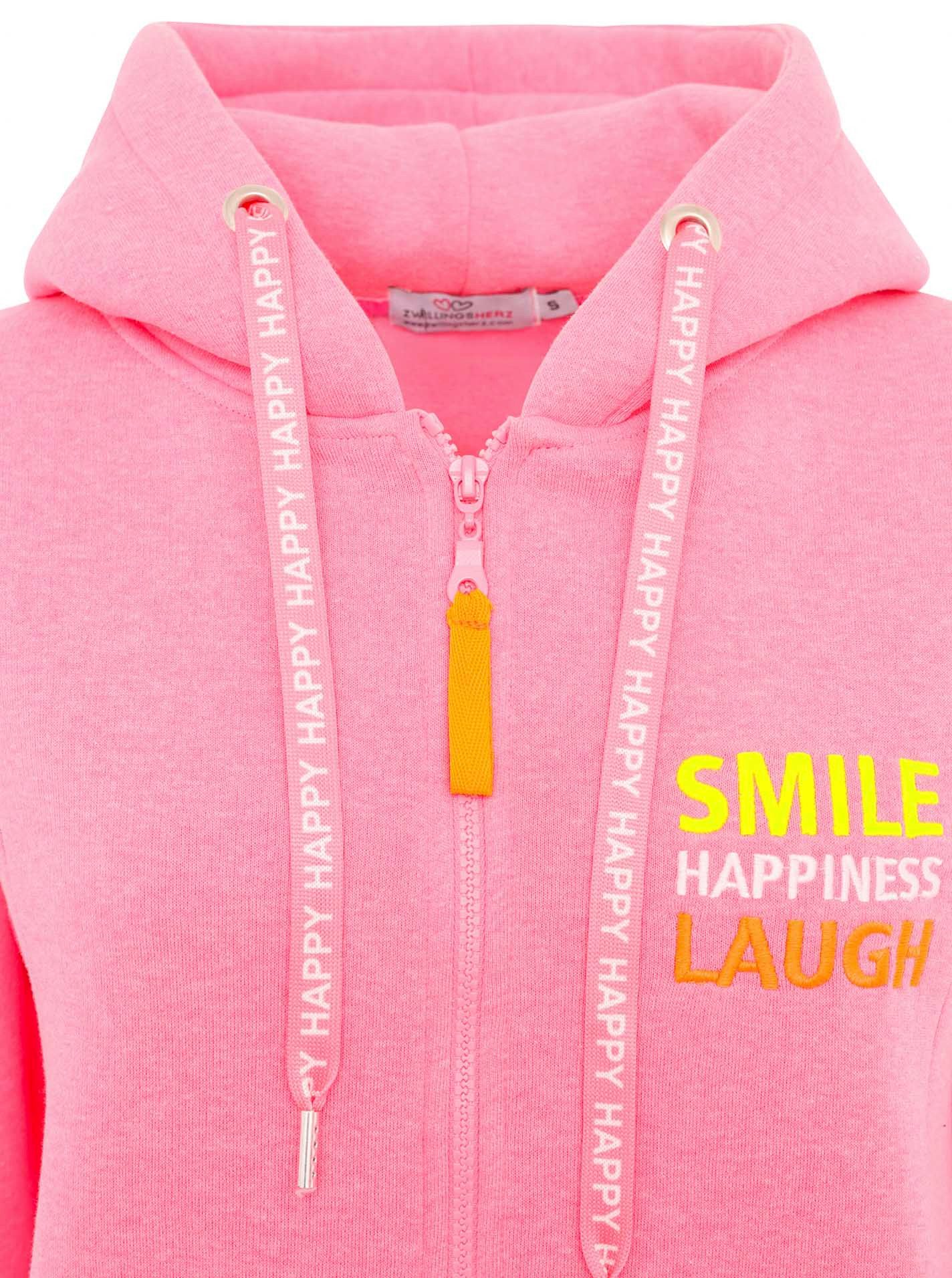 Zwillingsherz Jerseymantel "Smile Happiness Laugh" mit positiver Botschaft, gesticktes Motiv hinten und vorne