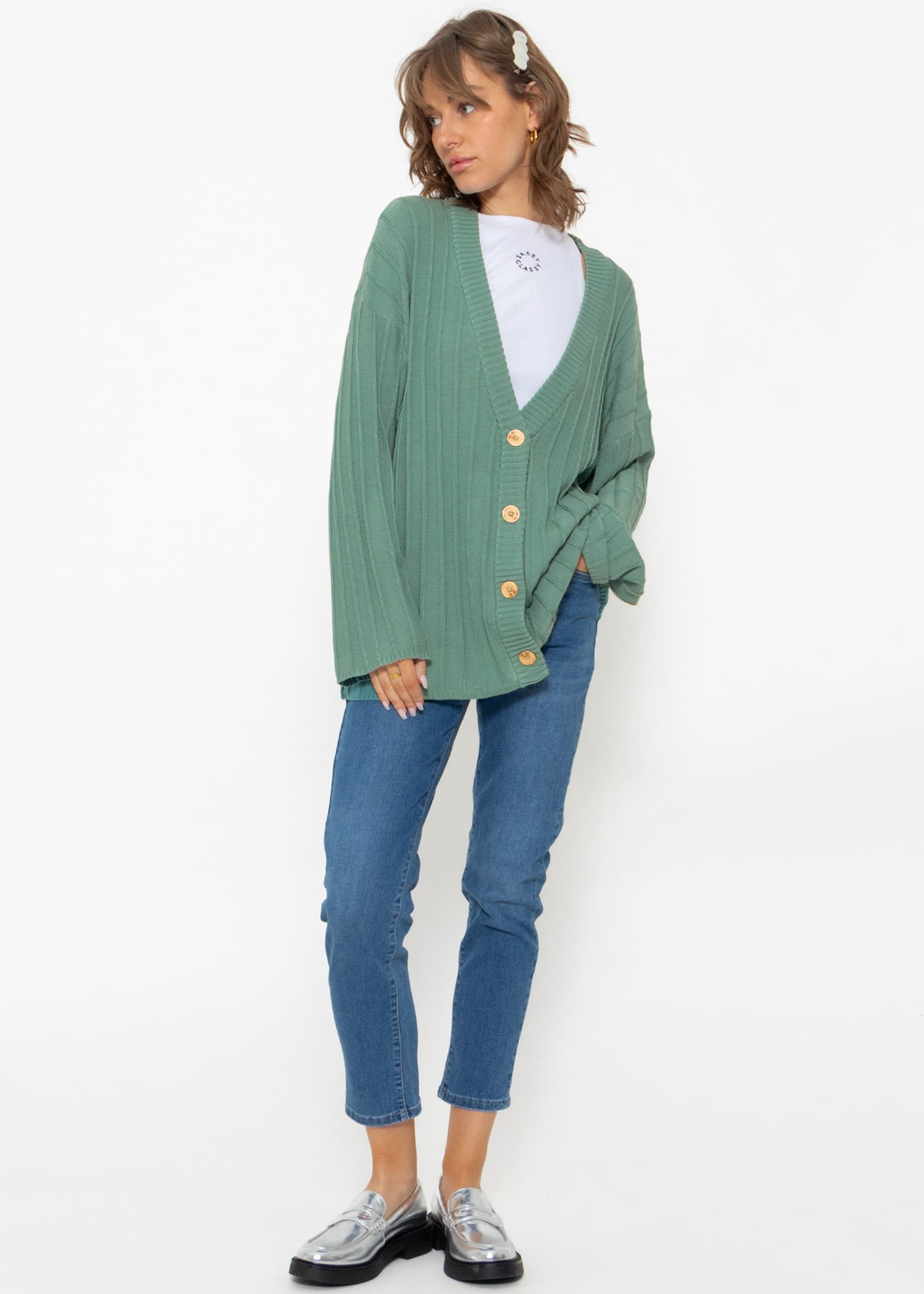 SASSYCLASSY Cardigan Lässiger fließender Cardigan mit Rippenstruktur Oversize Cardigan mit Rippenstruktur