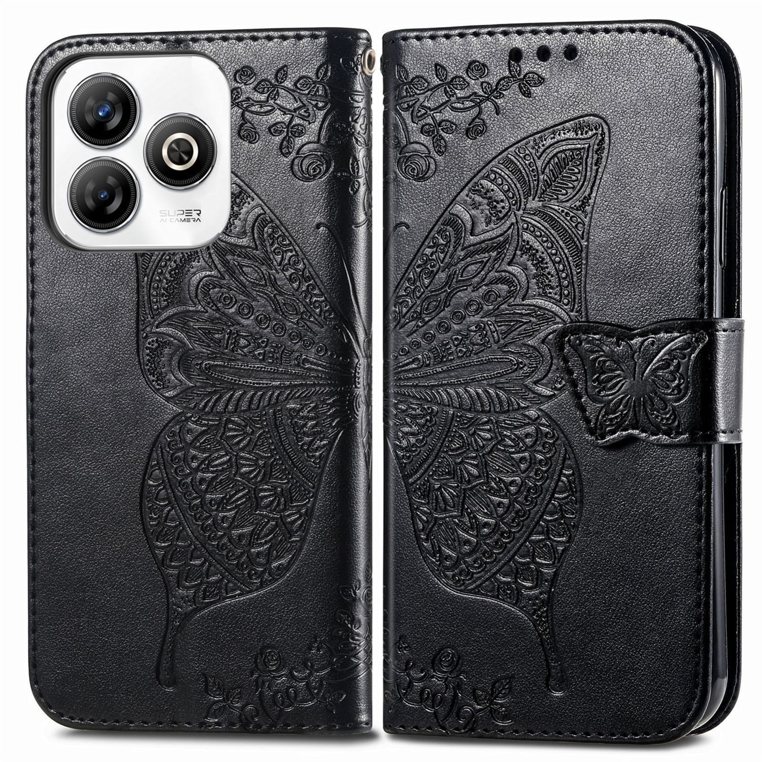 Wigento Smartphone-Hülle Für ZTE Blade A75 4G Kunstleder Schmetterling Wallet Hülle Schwarz, Kunst-Leder Schutzhülle Smart Case Cover magnetischer Verschluss