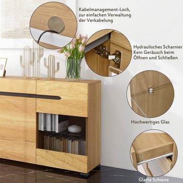 Merax Sideboard Wildeiche Farbe mit LED, Anrichte mit Glasablage, Kommde mit 3 Schubladen und 6 Fächern, B/H/T: 140/80/35cm