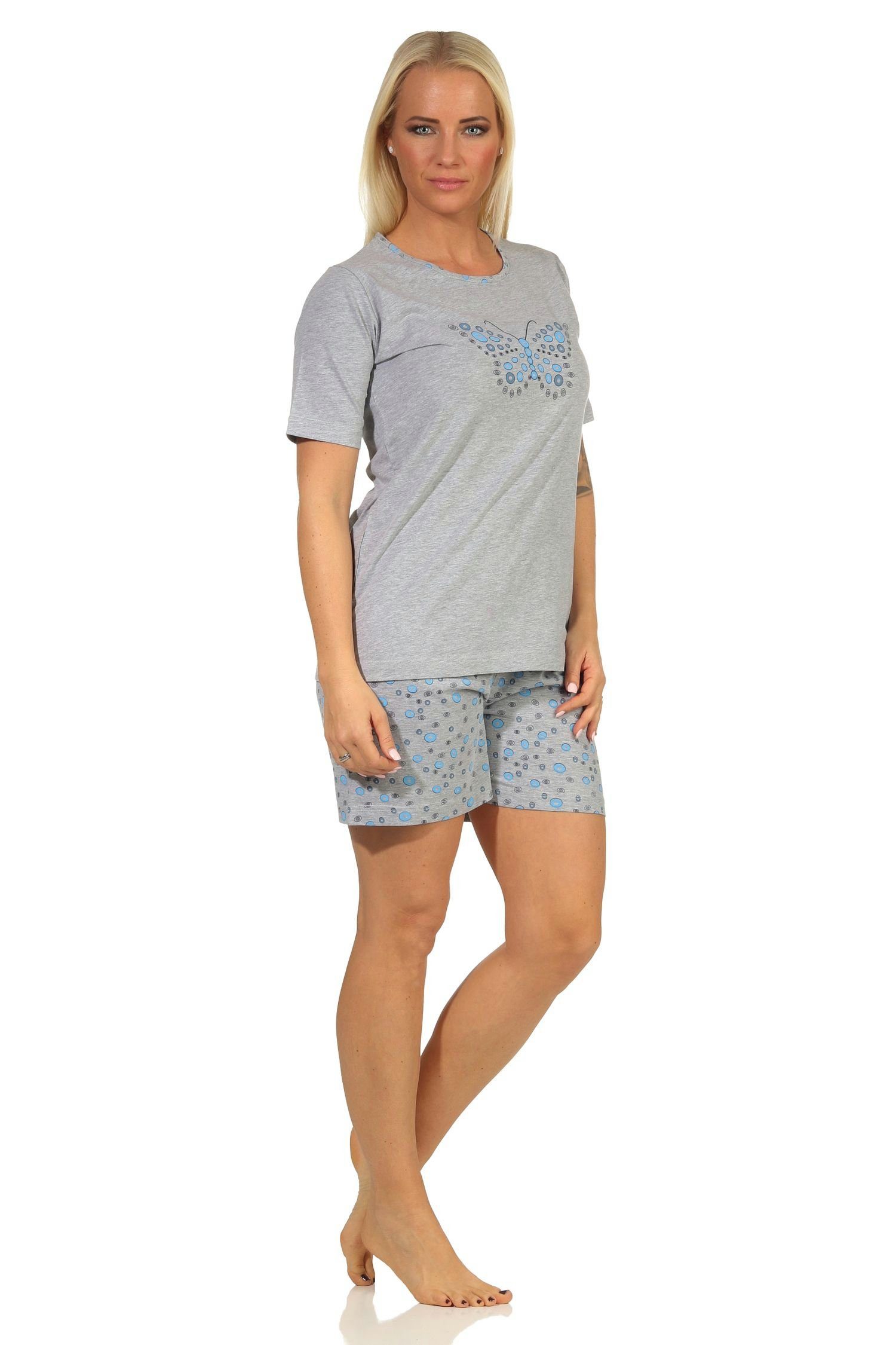 Shorty Pyjama Damen by kurzarm mit Schmetterling-Motiv Pyjama RELAX Schlafanzug, Normann blau