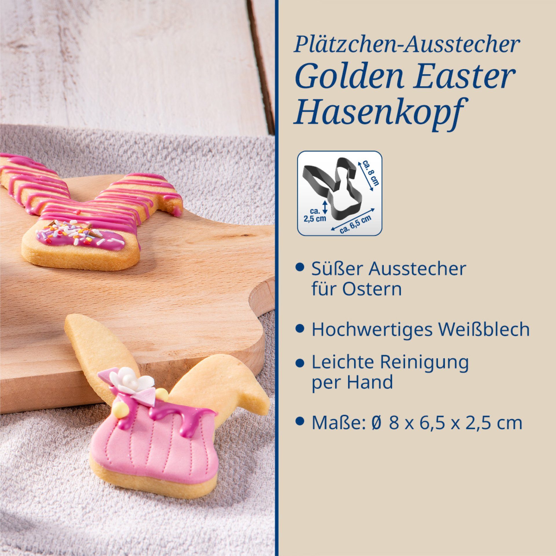 Dr. Oetker Küchenhelfer Ausstechform Hasenkopf Ausstecher mit Knickohr – Goldiges Ostern Weißblech/verzinnt