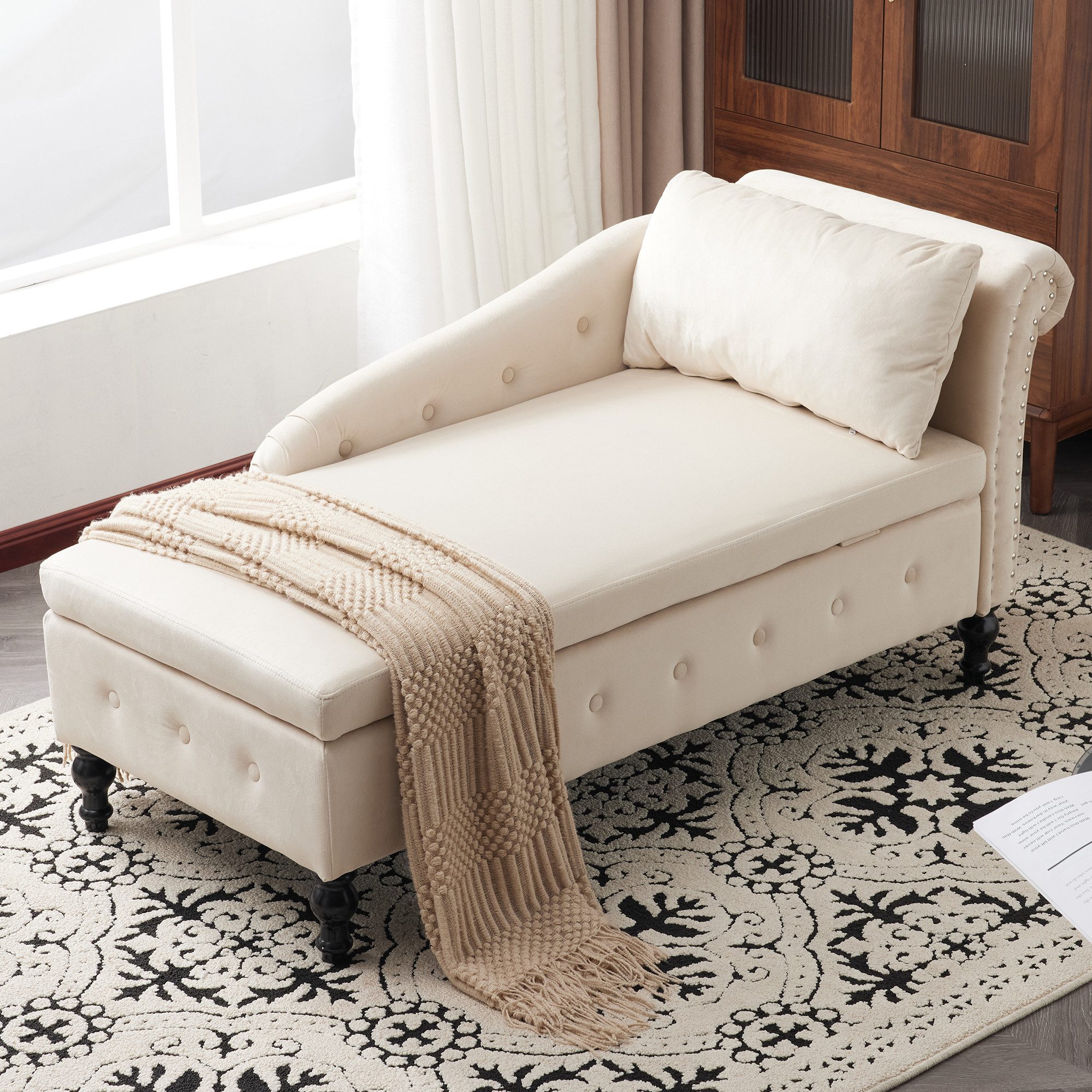 Totnz Chaiselongue mit Stauraum, Samtbezug, Polsterliege mit Knopfheftung, ergonomisch, mit Stauraum, Samtbezug, Polsterliege mit Knopfheftung, ergonomisch