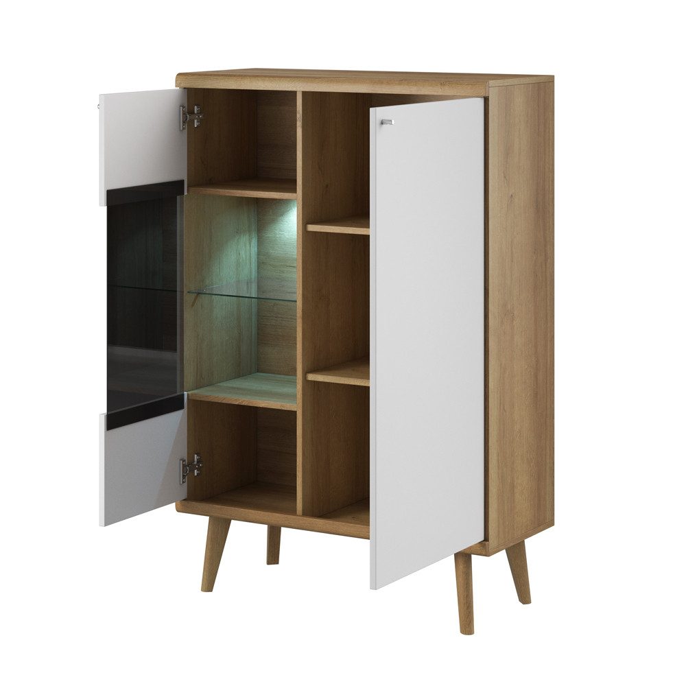Lomadox Highboard POSITANO-160, inkl. Beleuchtung, in Weiß mit Eiche, Retro-Design