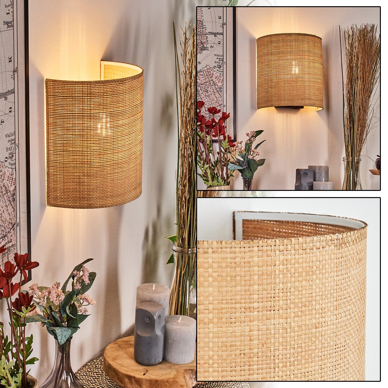 hofstein Wandleuchte Wandlampe aus Metall/Bast/Wienergeflecht in Schwarz/Na günstig online kaufen