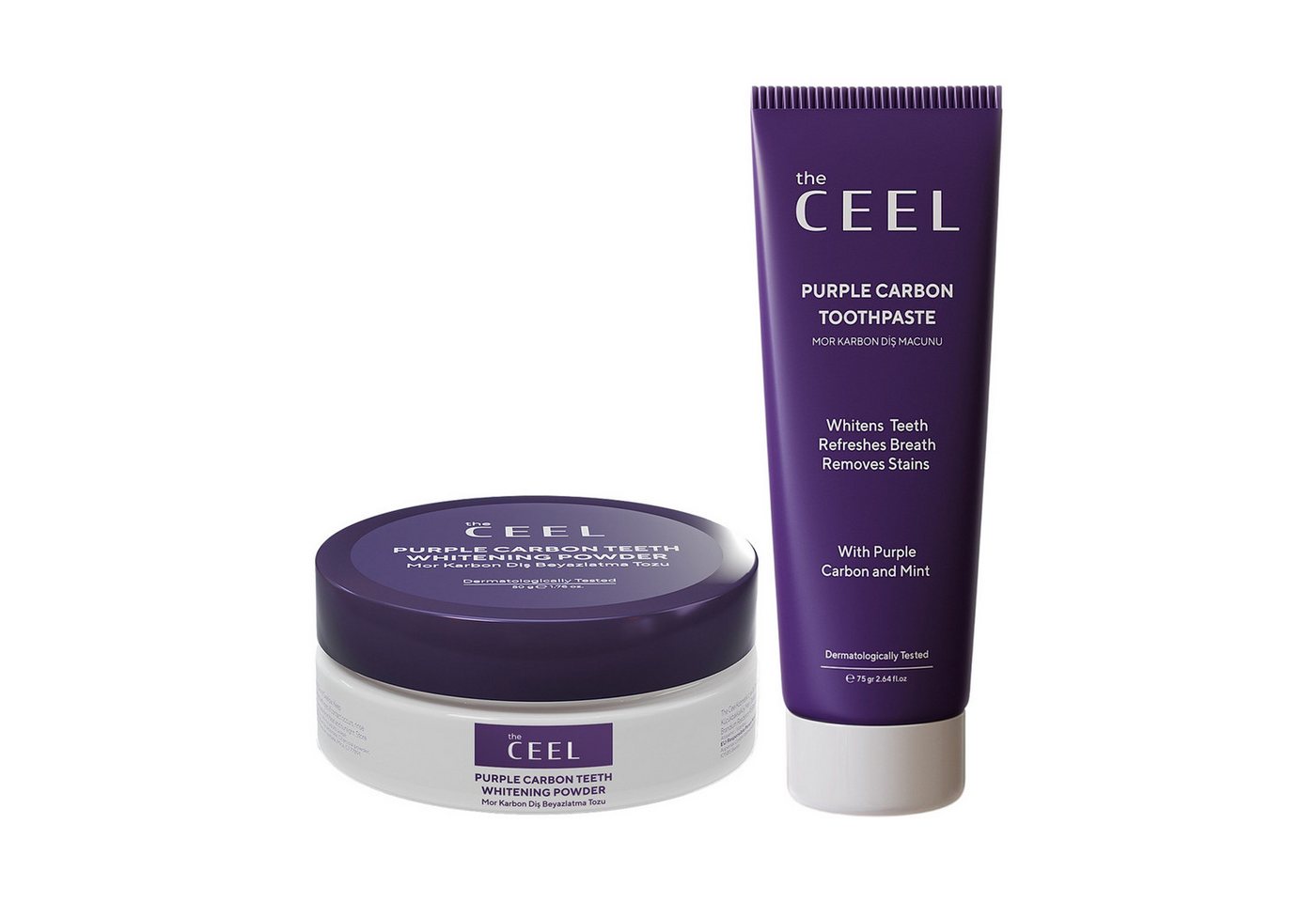 THE CEEL Zahnbleaching-Paste Purple Carbon Zahnpflege-Set – Zahnpasta & Zahnpulver, 2-teilig, Hilft bei Verfärbungen & unterstützt frischen Atem und Mundhygiene.