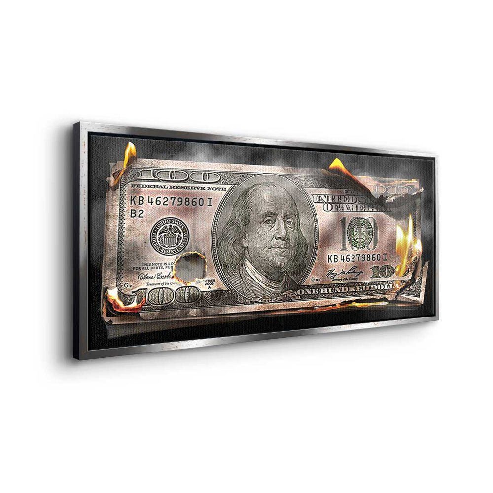 DOTCOMCANVAS® 100 Leinwandbild, Dolllar Wandbild- - schwarzer Burning Bill Premium Rahmen Moneymaker