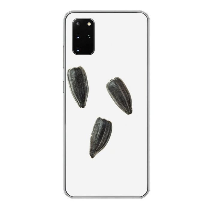 MuchoWow Handyhülle Schwarze Sonnenblumenkerne auf weißem Hintergrund Phone Case Handyhülle Samsung Galaxy S20 Plus Silikon Schutzhülle