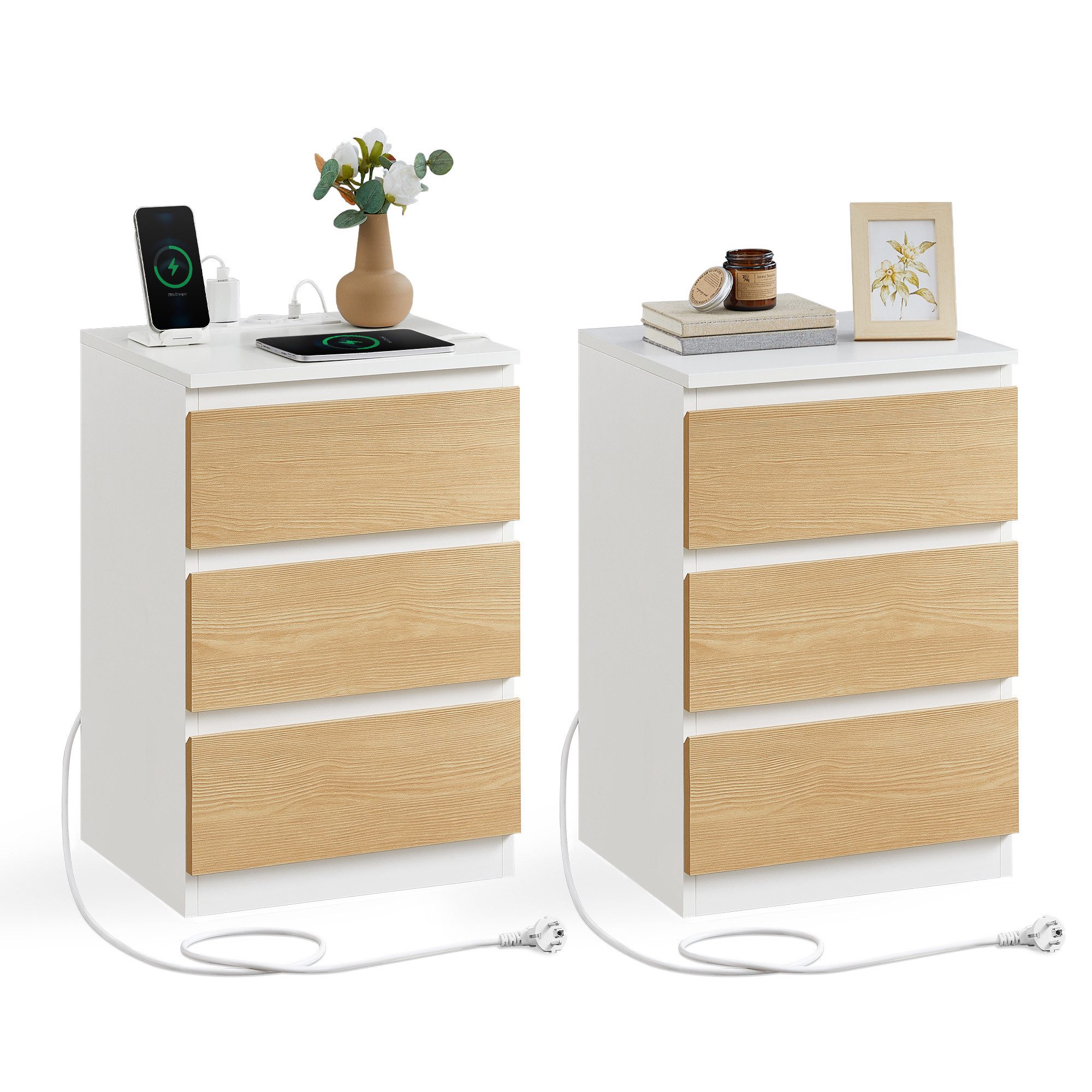 VASAGLE Nachttisch (2-St), 3 Schubladen, abgeschrägte Kante, 2 AC-Steckdose günstig online kaufen