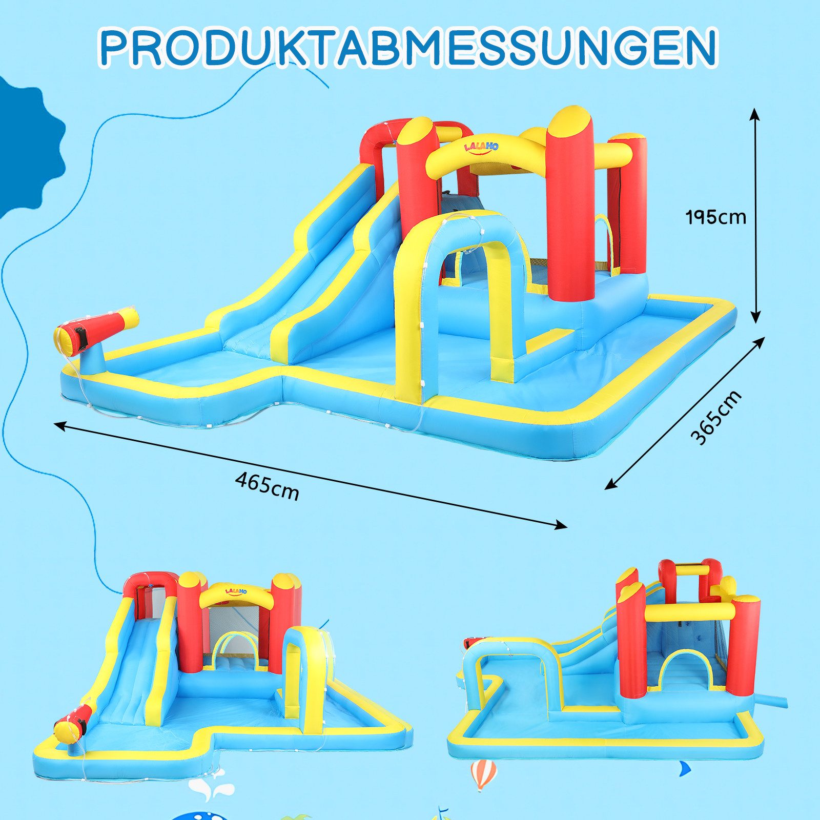 LALAHO Hüpfburg Springburg mit Gebläse,Wasserrutsche,Rutsche, Hüpfbereich, Kletterwand, Spielpool Wasserspielcenter Wasserpark, 465 x 365 x 195cm,für Kinder