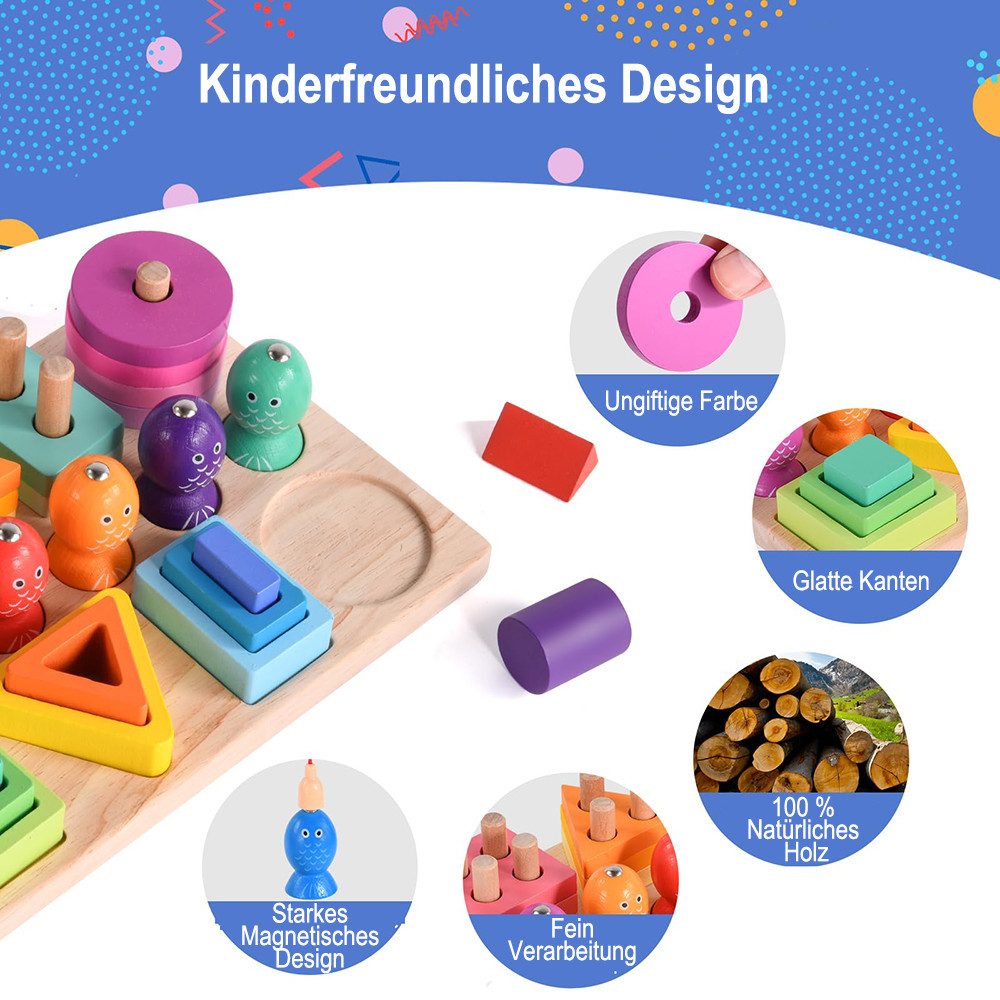Flintry Lernspielzeug Montessori-Spielzeug ab 3 Jahr – Holzspielzeug & Stapelspielzeug, 3-in-1 Farben- und Formensortierer sowie Angelspiel, Kinderspielzeug – Bild 3 von 4