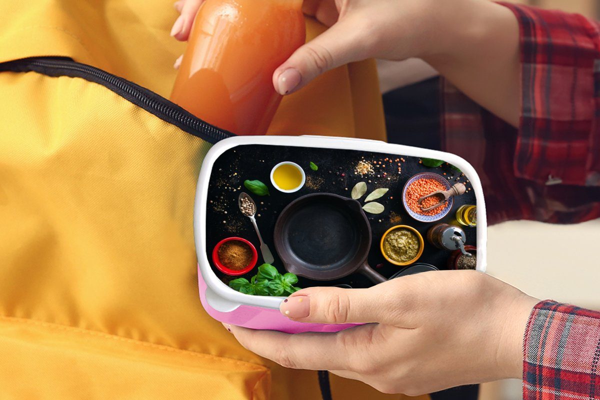 Kunststoff, Mädchen, Lunchbox Erwachsene, für MuchoWow - Gemüse Pfanne, Kräuter - (2-tlg), Snackbox, Kinder, Brotdose rosa Kunststoff Brotbox