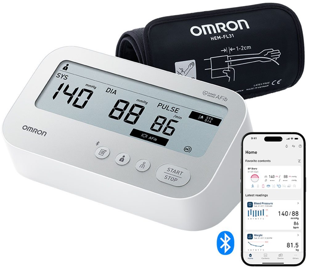 Omron Oberarm-Blutdruckmessgerät X4 Connect AFib, mit AFib Screening bei jeder Messung und Gratis App, 2 Nutzer, mit Intelli Wrap Manschette (22-42cm), klinisch validiert