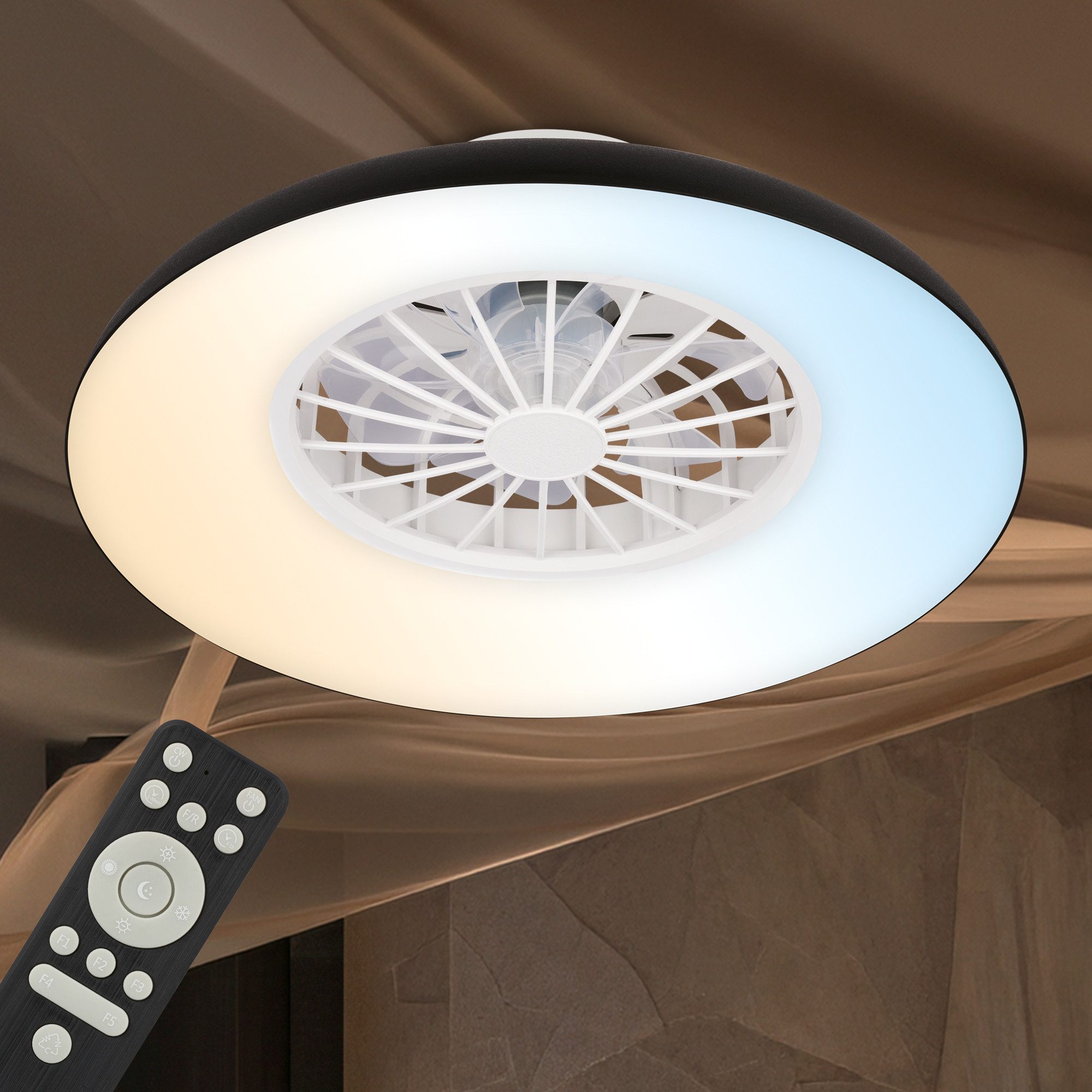 Briloner Leuchten LED Deckenleuchte Deckenventilator mit Licht DC-Motor Fernbedienung Dimmbar, LED fest integriert, CCT Farbtemperatursteuerung - Warm-/Neutral-/Kaltweiß, 60 x 19 cm (DxH), Schlafzimmer, Wohnzimmer, Esszimmer, Flur, Küche
