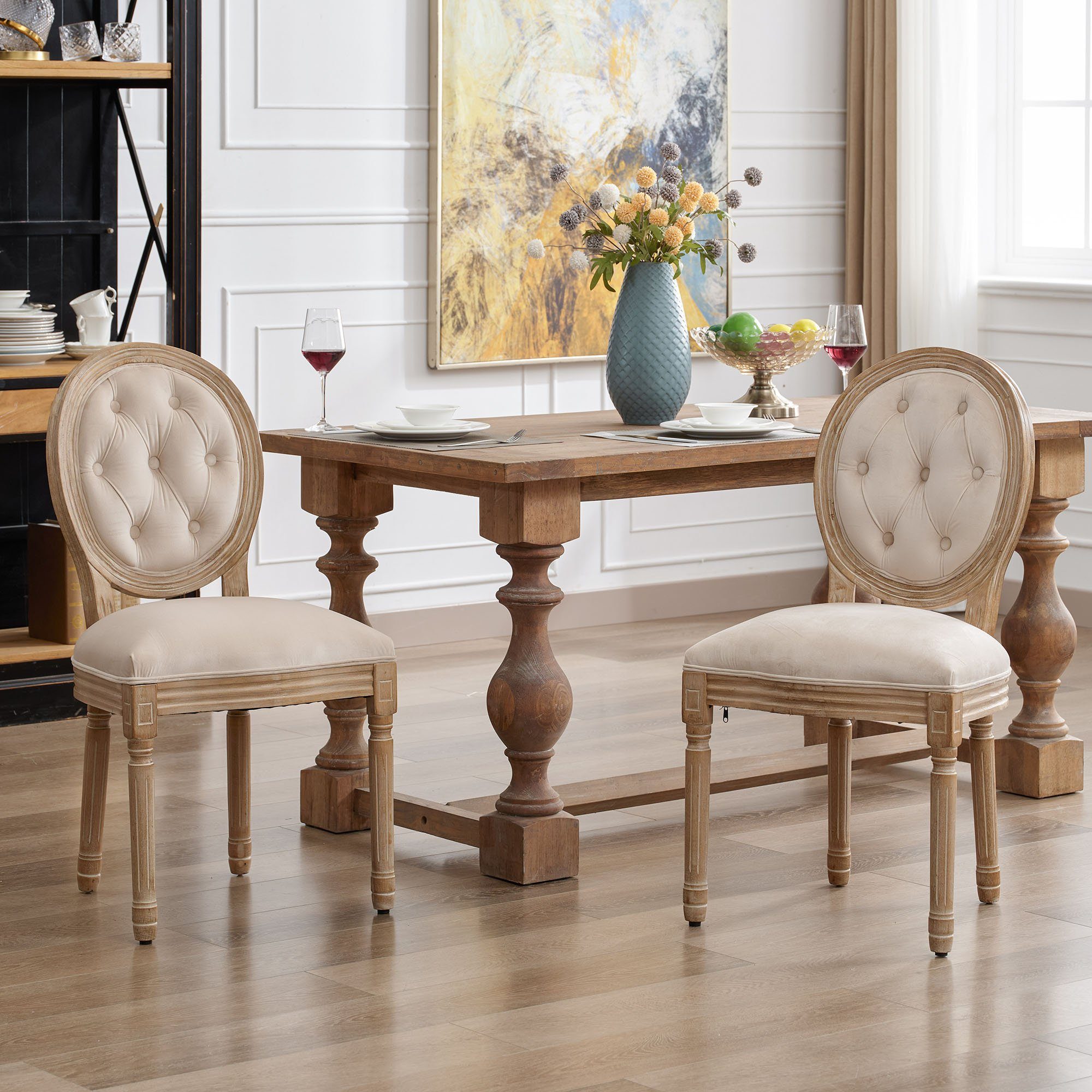 Medaillon und St), Esszimmerstühle mit aus Polsterstuhl Beinen runden Leinen,Knopfdesign Ulife (2 Stuhl Rückenlehnen aus Gummiholz