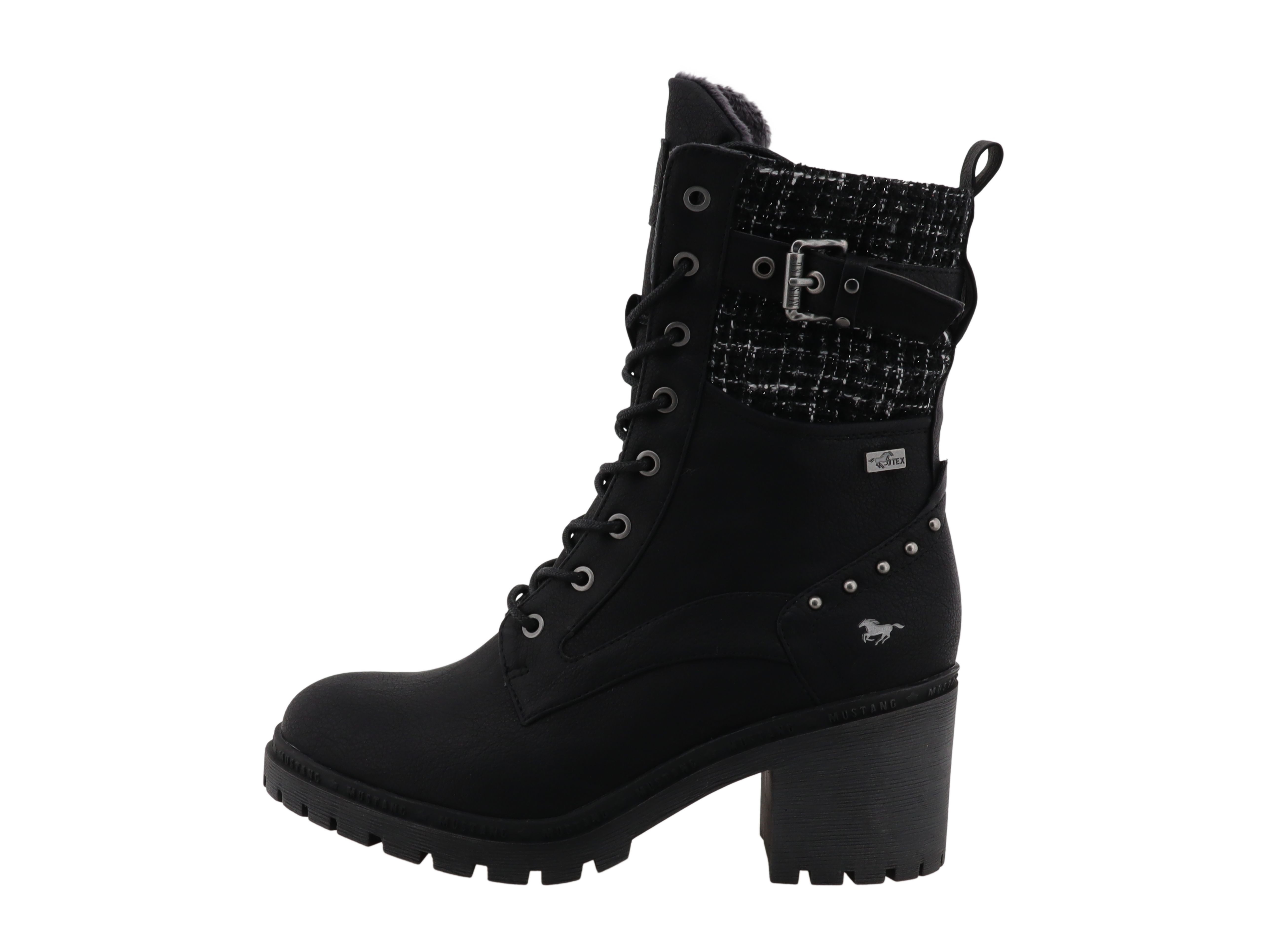 Mustang Shoes Stiefelette Schnürstiefelette Blockabsatz, Schnürboots mit Zierschnalle und Nieten