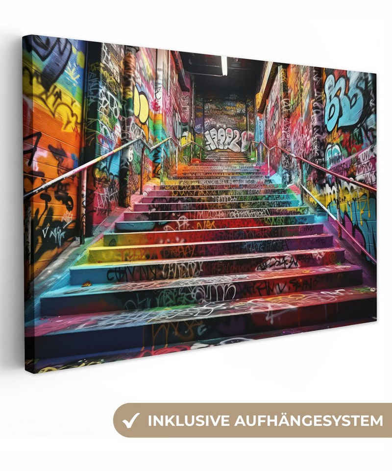 OneMillionCanvasses® Leinwandbild Treppe - Graffiti - Farben - Kunst, (1 St), Wandbild Leinwandbilder, Aufhängefertig, Wanddeko, 30x20 cm