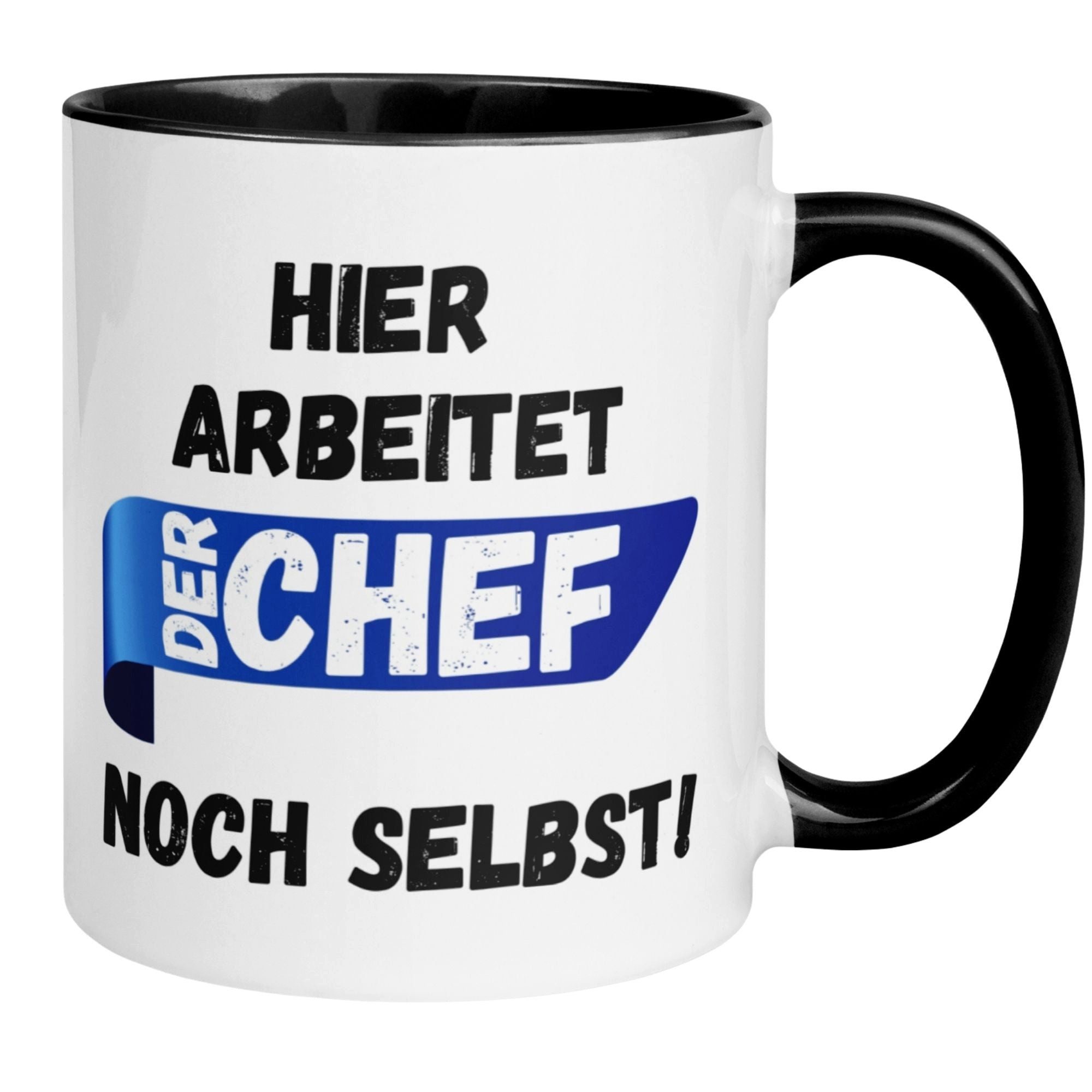 Momentals Tasse Chef – „Hier arbeitet der Chef noch selbst“ – Geschenk Bester Chef, Beidseitiger Druck · Links- & Rechtshänder · Spülmaschinenfest