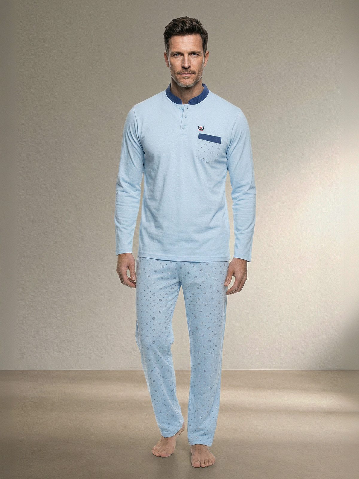 Henry Terre Pyjama Bruno Langarm- Stehkragen Shirt Uni gemusterte Hose Brusttasche