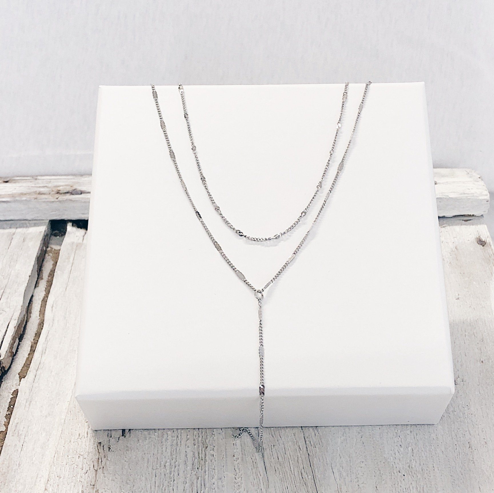 Hey Happiness Y-Kette Zweireihiges Collier, Elegante Layer Kette Damen Edelstahl, wasserfest – Bild 5 von 5