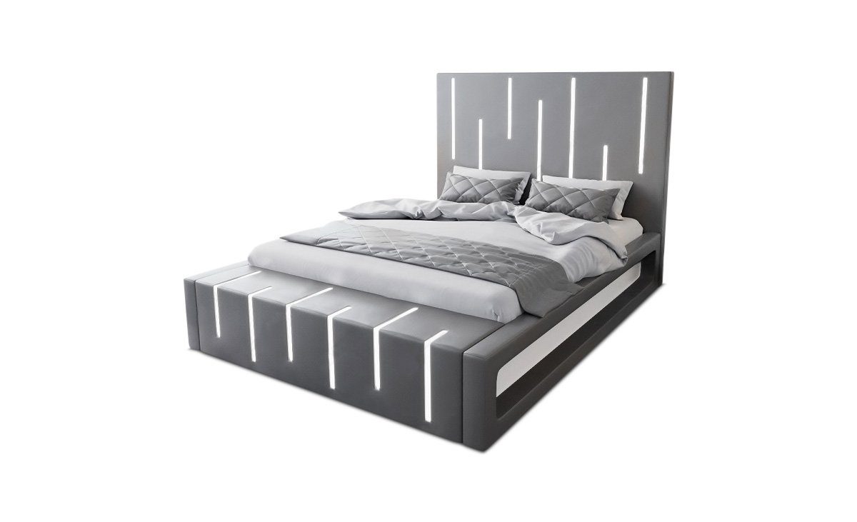 Sofa Dreams Boxspringbett Milona Bett Kunstleder Premium Komplettbett mit LED Beleuchtung, mit Topper grau-weiß