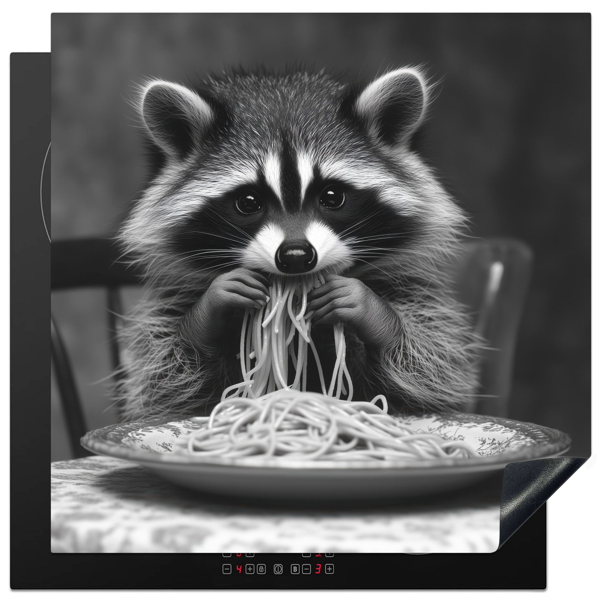 MuchoWow Herd-Abdeckplatte Waschbär - Niedlich - Pasta - Tischtuch - Schwarz - Weiß, Vinyl, (1 tlg), Cerankochfeld Abdeckung, Herd Abdeckplatten Vinyl, 58x59 cm