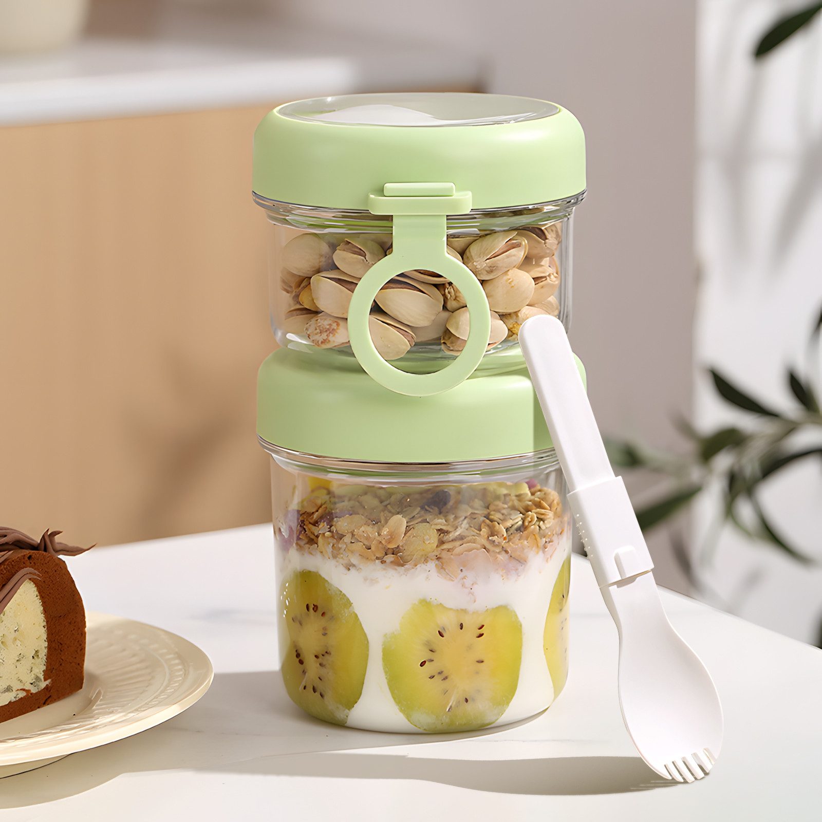 Elegear Müslibox Müslibecher to Go, Joghurtbecher, Doppelschicht Müslibecher mit Löffel, Polypropylen, (1-tlg., 1 × Müslibecher(530+330ml), 1 × Löffel), Lunchtopf für Müsli, Mikrowellen- und Spülmaschinenfest, Grün