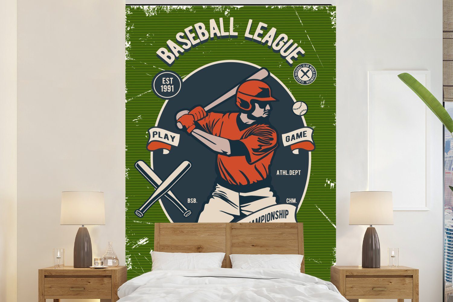 MuchoWow Fototapete Baseball - Schläger - Vintage, Matt, bedruckt, (3 St), Montagefertig Vinyl Tapete für Wohnzimmer, Wandtapete