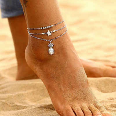 Alster Herz Fußkette mit Anhänger Damen Fußkettchen mit Kristallen, Ananas Anhänger, Boho Stil, J0296 (1-tlg), Ideal für den Sommer am Strand