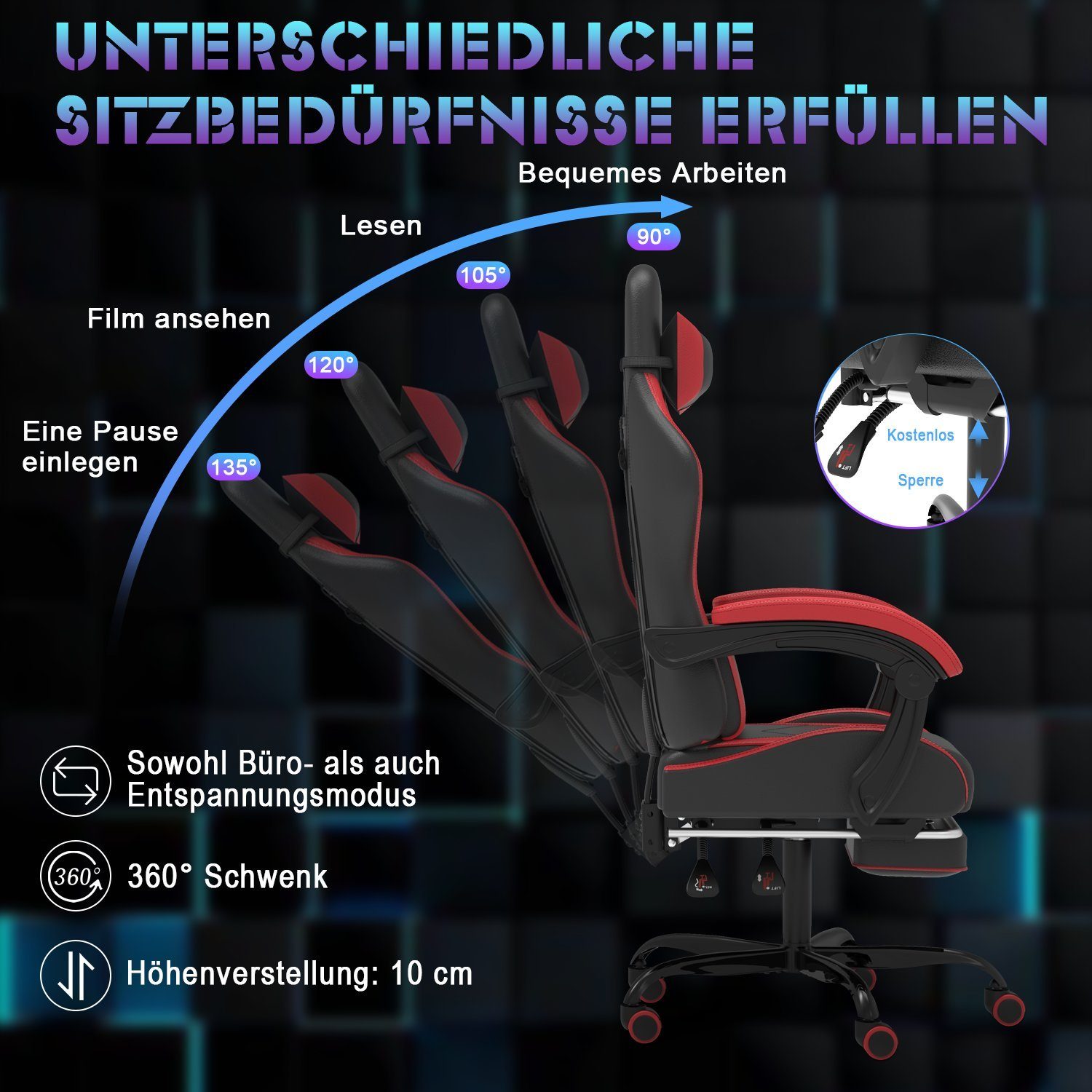 GUNJI Gaming Chair Massage Stuhl einstellbar Rot Rückenlehne Gaming 90-135° Fußstütze, mit