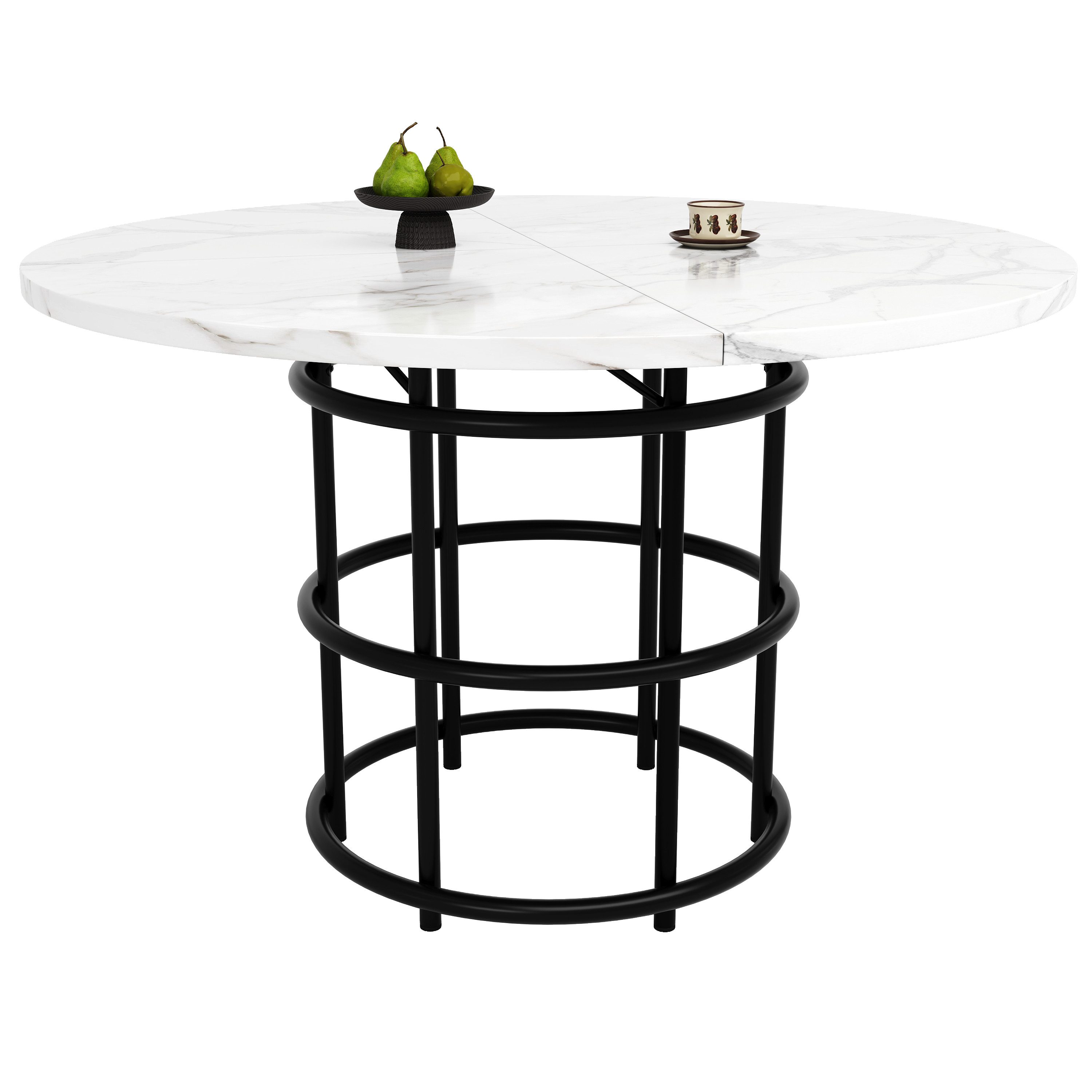 Tongtong Esstisch leichter und luxuriöser runder Tisch für 4-6 Personen (Bis 60 kg belastbar, 100 x 100 x 76 cm), marmorierte Tischplatte aus MDF, schwarzen Beinen